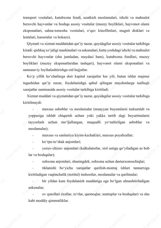 nolar hisobga olinadi. asosiy vositalar sintetik hisobvaraqning 012 «inshootlar» analitik hisobvarag‘ida quyidagilar hisobga olinadi: suv nasoslar, mashg‘ulot o‘tkazish maydonlari, suv havzalari, yo‘llar, ko‘priklar, yodgorlik-haykallari, istirohat bog‘lari, xiyobonlar va jamoat bog‘lari, budjet tashkilotining to‘siqlari va boshqalar aks ettiriladi. har bir analitik hisobvaraqda aks ettiriladigan asosiy vositalar nobudgarchiliklar, hisobotlarda adashmovchiliklar bo‘lishining oldini oladi. bundan tashqari, ushbu analitik hisobvaraqda elektr uzatkich tarmoqlar, transmissiyalar va quvur o‘tkazgichlar, transformatsiya va quvur o‘tkazgichlarda suyuq va gazsimon moddalarni iste’molchilarga yetkazish uchun energiya uzatgichlar va boshqalar ham hisobga olinadi. bunda, elektr stansiyalarning, gazkompressor, nasos va boshqa stansiyalarning binolari 011 analitik hisobvaraqda, ularning jihozlari esa 013 analitik hisobvaraqda hisobga olinadi. 013 «mashina va jihozlar» analitik hisobvarag‘ida quyidagilar: kuchlanish mashinalari va jihozlar, ish mashinalari va jihozlar, o‘lchov asboblari, tartibga soluvchi asboblar va moslamalar, laboratoriya jihozlari, hisoblash texnikasi, meditsina jihozlari hamda boshqa mashina va jihozlar alohida guruhlarga ajratilib hisobga olinadi: · kuchlanish mashinalari va jihozlar, issiqlik va elektr energiyasini hosil qiluvchi …