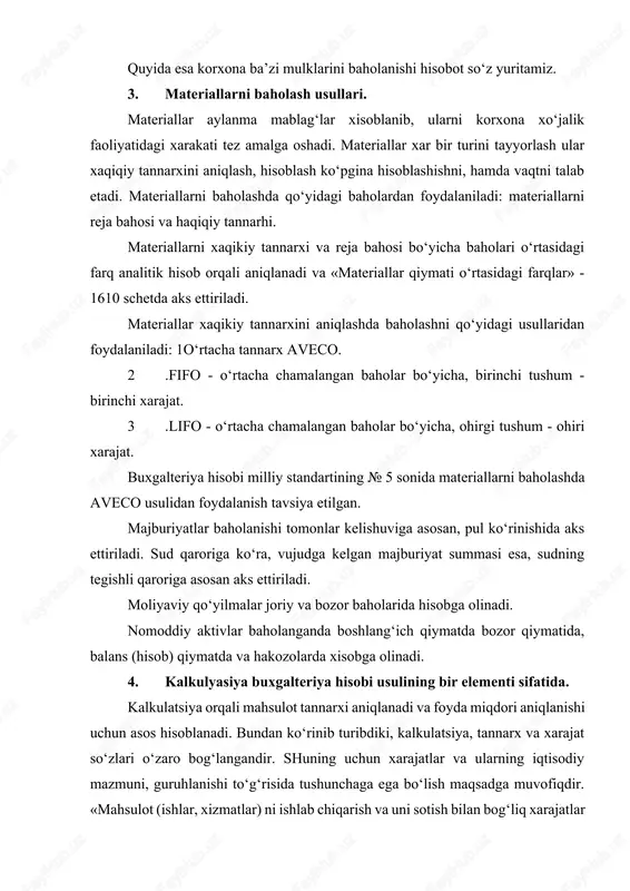 shakllanish tartibi to‘g‘risida»gi nizomga asosan xarajatlar ishlab chiqarish va davr xarajatlariga bo‘linadi. ishlab chiqarish xarajatlari ishlab chiqarilgan mahsulot tannarxini tashkil etadi. davr xarajatlari korxonaning foyda yoki zararlari hisobidan qoplanadi. kalkulyasiya - tannarxni aniqlash demakdir. ushbu usuldan korxona mulklaridan ba’zilari hisobini yuritishda foydalaniladi. masalan: ishlab chiqarilgan mahsulot, material tannarxini aniqlash. shuningdek, savdo korxonalaridagi muomala xarajatlari, moddalari, summalarini tovarlar bo‘yicha tegishli ravishda taqsimlashda ham kalkulyasiyadan foydalaniladi. o‘zbekiston respublikasi vazirlar mahkamasining 1999 yil 5 fevraldagi 54-son qarori bilan tasdiqlangan (2003 yildagi o‘zgarishlar bilan) «maxsulotlarining tarkibi hamda moliyaviy natijalarni shakllantirish tartibi to‘g‘risida nizom»da, xo‘jalik yurituvchi sub’ektlar faoliyatida vujudga keladigan xarajatlar tarkibi yoritib berilgan. buxgalteriya hisobining ushbu usuli boshqa usullar bilan uzviy bog‘liqlikdadir. umuman, e’tibor berilsa, buxgalteriya hisobining hamma usuli ham o‘zaro uzviy bog‘liqlikdadir. kalkulyasiya usulini schetlar tizimi bilan bog‘liqligi shundaki, kalkulyasiya qilinishi talab etilayotgan mablag‘ bilan bog‘liq xarajatlar tegishli schetlarda aks ettirilganligidir. baxolash bilan kalkulyasiyaning bog‘liqligi shundaki, kalkulyasiya orqali aniqlangan tannarxlar baholash ko‘rinishida hisobga …