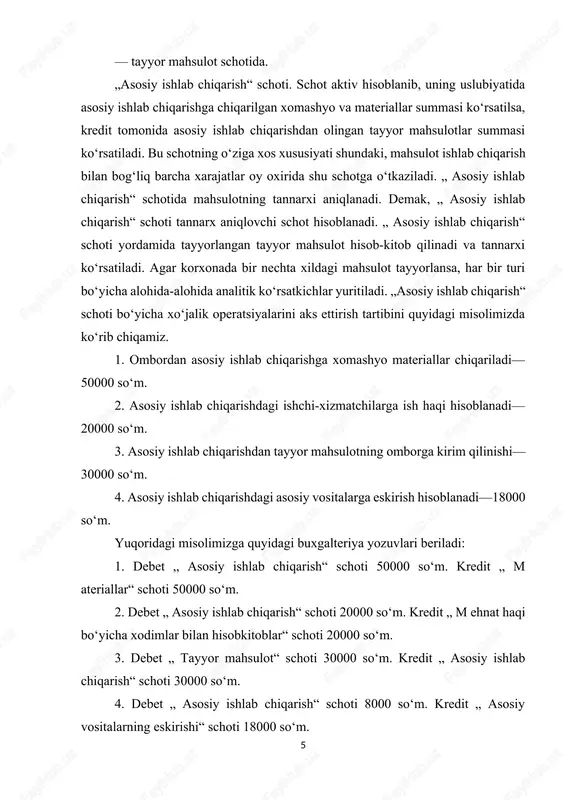 ot“ schoti 30000 so‘m. kredit „ asosiy ishlab chiqarish“ schoti 30000 so‘m. 4. debet „ asosiy ishlab chiqarish“ schoti 8000 so‘m. kredit „ asosiy vositalarning eskirishi“ schoti 18000 so‘m. „ asosiy ishlab chiqarish“ schotining debet tomonidan mahsulot ishlab chiqarish bilan bog‘liq bo‘lgan barcha xarajatlar o‘z ifodasini topadi. „ asosiy ishlab chiqarish“ schoti mahsulot tannarxini aniqlash bilan bevosita bog‘liqdir. hisobot davrining oxirida ishlab chiqarilgan mahsulotga taalluqli bo‘lgan „ umumishlab chiqarish xarajatlari“, „ asosiy ishlab chiqarish“ schotiga o‘tkaziladi. pulning boshqa funktsiyasi kabi, qiymat o'lchovi o'ziga xos va o'ziga xos xususiyatlarga ega emas. birinchidan, bu funktsiya nafaqat to'la-to'kis pulni amalga oshirishga qodir va pulni qiymat sifatida qabul qilish shakli narx hisoblanadi. shunday qilib, mollarni muvozanatlashtirilgan holda va ma'lum miqdorda mablag 'sarflashda siz xarajatlarni niceliksel tarzda o'zgartirishingiz mumkin. qiymat o'lchovi - umumiy mahsulotni taqsimlash operatsiyalarini rejalashtirish va hisoblash, shuningdek, ishlab chiqarish xarajatlarining aspektlarini hisoblash imkonini beradigan funksiya. shu tufayli, har xil xo'jalik yurituvchi sub'ektlar …