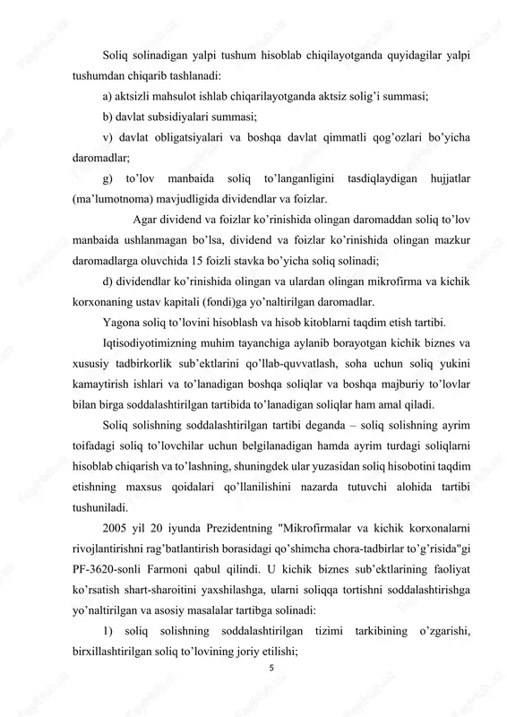 ing joriy etilishi; 2) joriy etilgan birxillashtirilgan soliq to’lovi to’lovchilari uchun imtiyozlar va qo’shimcha preferensiyalar berilishi. yagona soliq to’lovini to’lovchilar uning summasini soliq solinadigan baza va tasdiqlangan stavkalardan kelib chiqqan holda hisob-kitob qiladilar. bunda soliq organlariga davlat maqsadli jamg’armalariga majburiy ajratmalar bo’yicha hisob-kitoblar alohida taqdim etilmaydi, shuningdek pensiya, yo’l va ta’lim muassasalarini rekonstruksiya qilish, mukammal ta’mirlash va jihozlash jamg’armasi jamg’armalariga majburiy ajratmalar summalarini alohida to’lanmaydi. soliq kodeksida belgilangan hollarda va tartibda soliq solishning soddalashtirilgan tartibida to’lanadigan quyidagi soliqlar qo’llanilishi mumkin: yagona soliq to’lovi; yagona yer solig’i; tadbirkorlik faoliyatining ayrim turlari bo’yicha qat’iy belgilangan soliq. yagona soliq to’lovi to’lovchilar quyidagilardir: 1) mikrofirmalar va kichik korxonalar, bundan ushbu moddaning ikkinchi qismida ko’rsatilganlar mustasno; 2) xodimlarning sonidan qat’i nazar: savdo korxonalari va umumiy ovqatlanish korxonalari; xususiy amaliyot bilan shug’ullanuvchi notariuslar; lotereyalar tashkil qilish bo’yicha faoliyatni amalga oshirish doirasidagi yuridik shaxslar. yagona soliq to’lovi quyidagi mikrofirmalar va kichik korxonalarga tatbiq etilmaydi: aksiz solig’i to’lanadigan …