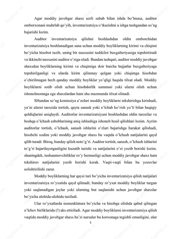 bu yozuvlar solishtirilishi zarur. moddiy boyliklarning har qaysi turi bo’yicha inventarizatsiya qilish natijalari inventarizatsiya ro’yxatida qayd qilinadi; bunday ro’yxat moddiy boyliklar turgan yoki saqlanadigan joylar yoki ularning but saqlanishi uchun javobgar shaxslar bo’yicha alohida-alohida tuziladi. ular ro’yxatlarda nomenklatura bo’yicha va hisobga olishda qabul qilingan o’lchov birliklarida (!) aks ettiriladi. agar moddiy boyliklarni inventarizatsiya qilish vaqtida moddiy javobgar shaxs ba’zi narsalar bu korxonaga tegishli emasligini, ular bu yerda vaqtinchalik saqlanayotganligini aytsa, auditor baribir ularni ro’yxatga kiritishi lozim. auditor bunday moddiy boyliklarning alohida ro’yxatini tuzib, keyin qaramaqarshi tekshiruvda ular kimga tegishli ekanligini, shuningdek, 002 balansdan tashqari schyotda hisobga olinishini aniqlashi lozim. auditor tekshirish chog’ida moddiy boyliklarning raqami, rusumi, nomiga alohida e’tibor berishi kerak. chunki, amaliyotda mavjud boyliklarning raqami va rusumlarini kirim hujjatlari hamda pasportlariga solishtirib, bir yangi avtomobil dvigatelini boshqa eskisiga yoki kamyob avtomashinani boshqa arzoniga almashtirib qo’yish hollari ham uchraydi. ba’zi moddiy boyliklar bo’yicha namuna olish usulini qo’llash tavsiya etiladi. namunalar …