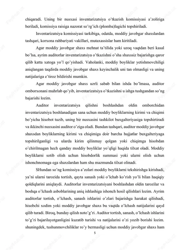 ga shaxslardan ham shu mazmunda tilxat olinadi. shundan so’ng komissiya a’zolari moddiy boyliklarni tekshirishga kirishadi, ya’ni ularni tarozida tortish, qayta sanash yoki o’lchab ko’rish yo’li bilan haqiqiy qoldiqlarini aniqlaydi. auditorlar inventarizatsiyani boshlashdan oldin tarozilar va boshqa o’lchash asboblarining aniq ishlashiga ishonch hosil qilishlari lozim. ayrim auditorlar tortish, o’lchash, sanash ishlarini o’zlari bajarishga harakat qilishadi, hisobchi xodim yoki moddiy javobgar shaxs bu vaqtda o’lchash natijalarini qayd qilib turadi. biroq, bunday qilish noto’g’ri. auditor tortish, sanash, o’lchash ishlarini to’g’ri bajarilayotganligini kuzatib turishi va natijalarini o’zi yozib borishi lozim. shuningdek, tushunmovchiliklar ro’y bermasligi uchun moddiy javobgar shaxs ham tekshiruv natijalarini yozib borishi kerak. vaqti-vaqti bilan bu yozuvlar solishtirilishi zarur. moddiy boyliklarning har qaysi turi bo’yicha inventarizatsiya qilish natijalari inventarizatsiya ro’yxatida qayd qilinadi; bunday ro’yxat moddiy boyliklar turgan yoki saqlanadigan joylar yoki ularning but saqlanishi uchun javobgar shaxslar bo’yicha alohida-alohida tuziladi. ular ro’yxatlarda nomenklatura bo’yicha va hisobga olishda qabul qilingan o’lchov birliklarida (!) aks …