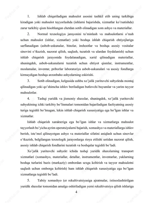 y ishlab chiqarish fondlarini tuzatish va boshqalar tegishli bo’ladi. xo’jalik yurituvchi subyekt ichida tashqi yuridik shaxslarning transport xizmatlari (xomashyo, materiallar, detallar, instrumentlar, inventarlar, yuklarning boshqa turlarini bazis (markaziy) ombordan sexga keltirish va tayyor mahsulotni saqlash uchun omborga keltirish) ham ishlab chiqarish xususiyatiga ega bo’lgan xizmatlarga tegishli bo’ladi. 5. tabiiy xomashyo (er rekultivatsiyasiga ajratmalar, ixtisoslashtirilgan yuridik shaxslar tomonidan amalga oshiriladigan yerni rekultivatsiya qilish ishlariga haq to’lash), ildizi bilan beriladigan daraxtga haq to’lash, sanoat korxonalari tomonidan suv xo’jaligi tizimidan belgilangan limitlar doirasida va undan ortiqcha olinadigan suv uchun haq to’lash. sanoatning xomashyo tarmoqlari uchun – yog’och-taxta materiallardan yoki foydali qazilmalardan (rudadan) foydalanishga huquqlarning amortizatsiya qilinadigan qiymati yoki atrof-muhitni tiklash xarajatlari. 6. texnologik maqsadlarga, energiyaning barcha turlarini ishlab chiqarishga, binolarni isitishga sarflanadigan yonilg’ining chetdan sotib olinadigan barcha turlari, xo’jalik yurituvchi subyektlarning transporti tomonidan bajariladigan ishlab chiqarishga xizmat ko’rsatish bo’yicha transport ishlari. 7. xo’jalik yurituvchi subyektning texnologik, transport va boshqa ishlab chiqarish hamda xo’jalik …