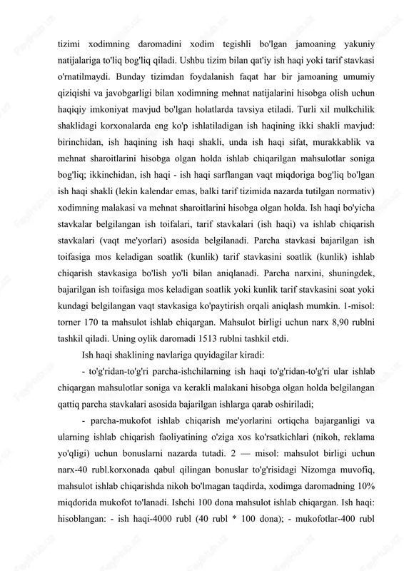 ish toifasiga mos keladigan soatlik yoki kunlik tarif stavkasini soat yoki kundagi belgilangan vaqt stavkasiga ko'paytirish orqali aniqlash mumkin. 1-misol: torner 170 ta mahsulot ishlab chiqargan. mahsulot birligi uchun narx 8,90 rublni tashkil qiladi. uning oylik daromadi 1513 rublni tashkil etdi. ish haqi shaklining navlariga quyidagilar kiradi: - to'g'ridan-to'g'ri parcha-ishchilarning ish haqi to'g'ridan-to'g'ri ular ishlab chiqargan mahsulotlar soniga va kerakli malakani hisobga olgan holda belgilangan qattiq parcha stavkalari asosida bajarilgan ishlarga qarab oshiriladi; - parcha-mukofot ishlab chiqarish me'yorlarini ortiqcha bajarganligi va ularning ishlab chiqarish faoliyatining o'ziga xos ko'rsatkichlari (nikoh, reklama yo'qligi) uchun bonuslarni nazarda tutadi. 2 — misol: mahsulot birligi uchun narx-40 rubl.korxonada qabul qilingan bonuslar to'g'risidagi nizomga muvofiq, mahsulot ishlab chiqarishda nikoh bo'lmagan taqdirda, xodimga daromadning 10% miqdorida mukofot to'lanadi. ishchi 100 dona mahsulot ishlab chiqargan. ish haqi: hisoblangan: - ish haqi-4000 rubl (40 rubl * 100 dona); - mukofotlar-400 rubl (4000 rubl*10%); oylik ish haqi — 4400 rubl …