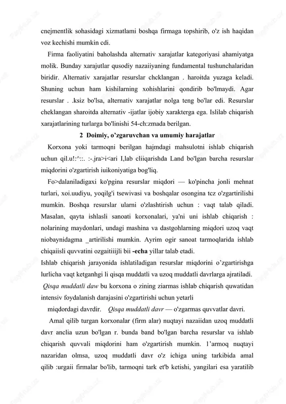 ab chiqarish pasayadi. boshqacha qilib aytganda, agar shu mashinalarda xizmat qiluvchi ishcliilar soni oshib borgan sari mahsulot ishlab chiqarish hajmi ham pasayib boraveradi. masalan, unclia katta bo'lmagan rnebel ishlab chiqarish ustaxonasida ma'lum miqdordagi tokarlik, randalovchi, kesuvchi va shunga o'x;.hr.ji dastgohlar -.iuvjud. agar shu finnu atigi ikki ishchini ishga jalb etadigan bo'lsa, umumiy ishlab cklqailh hajmi va :.ieh:iui unumdoriigi darajasi pasayib ketgan bo'iardi. bu ishcliilar bir ishdan ikkinchi ishga o'tib, ish · aqtii.i bekor o'tkuzgani bois ishlab chiqarish samarali bo'lmay qolar edi. ishchilar son ini o'stirish bilan bu kamchiliklar bartaraf eiilardi. dastgohlardan foydalanish to'liq bo'lib, ishchilar aniq opcratsiyalarni bajarishda ixtisoslashardi. natijada, bekor vaqt kamayib, samaradorlik ortadi. ishchilarning keyinchalik yana ko'payib borishi ularning ortiqchaligi muammosini keltirib chiqaradi. o'zgarmas ishlab chiqarish quvvati sharoitida har bir ishchiga shuncha kam dastgoh to'g'ri kelardi. ishchilar sonini yanada oshirib borish butun ishlab chiqarislmi ular bilan to'ldirib yuborish zarar •x)'iardi. natijada, ishlab chiqarish jarayoni to'xtaydi. bu qonun bo'yicha, …
