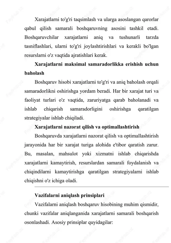 ular ishlab chiqarish hajmiga yoki faoliyatning boshqa ko'rsatkichlariga qarab o'zgarishsiz qoladi. misollar: ijara to'lovlari, maoshlar, asbob-uskunalar amortizatsiyasi. · o'zgaruvchan xarajatlar (variable costs): bu xarajatlar ishlab chiqarish hajmi yoki sotuvlar darajasiga bog'liq. misollar: xom ashyo, mehnat haqi, energiya xarajatlari. · aralash xarajatlar (semi-variable costs): bu xarajatlar qisman doimiy, qisman esa o'zgaruvchandir. masalan, telefon to'lovlari, ishchilar uchun bonuslar va boshqa qo'shimcha xarajatlar. · to'g'ridan-to'g'ri xarajatlar (direct costs): mahsulot yoki xizmatni ishlab chiqarish uchun bevosita sarflanadigan xarajatlar. masalan, xom ashyo, ishlab chiqarish ishlari uchun to'lovlar. · bilvosita xarajatlar (indirect costs): mahsulot yoki xizmatni ishlab chiqarishga bevosita aloqasi bo'lmagan, lekin ularning ishlashi uchun zarur bo'lgan xarajatlar. masalan, ofisni saqlash, ma'muriyat ishlari uchun to'lovlar. xarajatlarni vaqt bilan aniqlash xarajatlarni baholashda vaqt omilini hisobga olish muhimdir, chunki xarajatlar vaqt o'tishi bilan o'zgarishi mumkin. xarajatlar qisqa muddatda (qisqa vaqtli xarajatlar) va uzoq muddatda (uzoq vaqtli xarajatlar) o'zgarishi mumkin: · qisqa muddatli xarajatlar: ushbu xarajatlar ko'proq ishlab chiqarish …