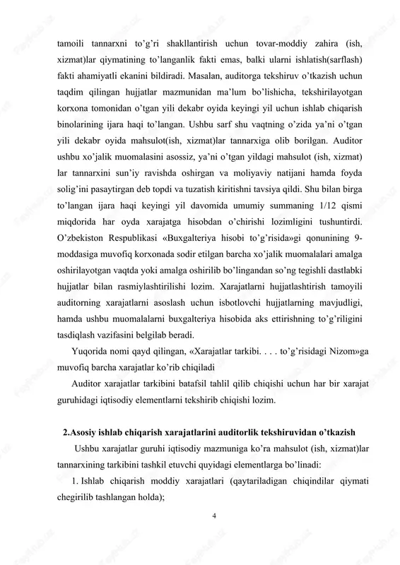 chi hujjatlarning mavjudligi, hamda ushbu muomalalarni buxgalteriya hisobida aks ettirishning to’g’riligini tasdiqlash vazifasini belgilab beradi. yuqorida nomi qayd qilingan, «xarajatlar tarkibi. . . . to’g’risidagi nizom»ga muvofiq barcha xarajatlar ko’rib chiqiladi auditor xarajatlar tarkibini batafsil tahlil qilib chiqishi uchun har bir xarajat guruhidagi iqtisodiy elementlarni tekshirib chiqishi lozim. 2.asosiy ishlab chiqarish xarajatlarini auditorlik tekshiruvidan o’tkazish ushbu xarajatlar guruhi iqtisodiy mazmuniga ko’ra mahsulot (ish, xizmat)lar tannarxining tarkibini tashkil etuvchi quyidagi elementlarga bo’linadi: 1. ishlab chiqarish moddiy xarajatlari (qaytariladigan chiqindilar qiymati chegirilib tashlangan holda); 2. ishlab chiqarish xususiyatiga ega bo’lgan mehnat haqi xarajatlari; 3. ishlab chiqarishga taalluqli ijtimoiy sug’urta ajratmalari; 4. ishlab chiqarish ahamiyatiga ega bo’lgan asosiy vositalar va nomoddiy aktivlar eskirishi; 5. ishlab chiqarish ahamiyatiga ega bo’lgan boshqa xarajatlar. shuning uchun auditor har bir xarajat elementi tarkibining «nizom»ga muvofiqligiga ishonch hosil qilishi lozim. «ishlab chiqarish moddiy xarajatlari»elementi tarkibiga ishlab chiqariladigan mahsulotning asosini tashkil etuvchi yoki mahsulotni tayyorlash (ishlarni bajarish va xizmatlarni …