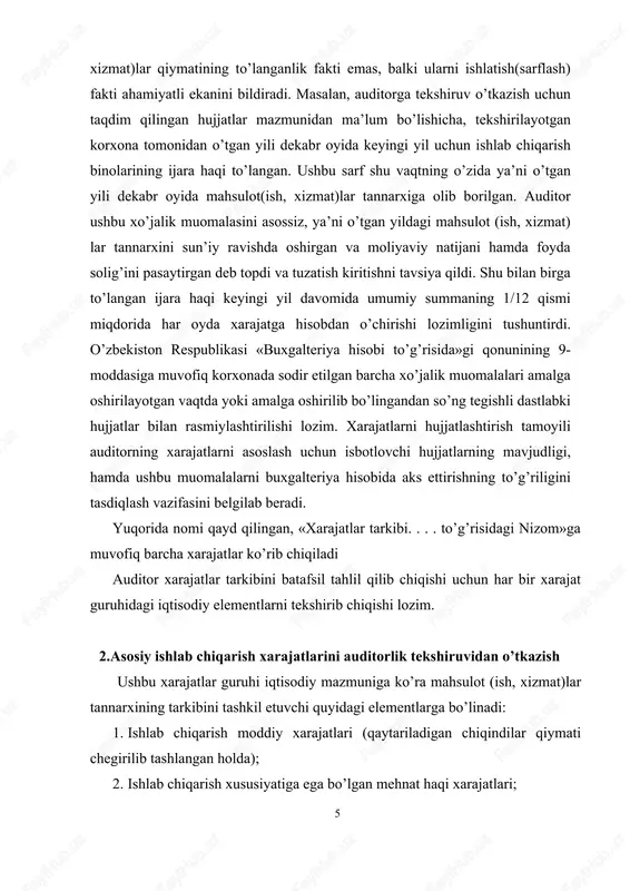 ujjatlarning mavjudligi, hamda ushbu muomalalarni buxgalteriya hisobida aks ettirishning to’g’riligini tasdiqlash vazifasini belgilab beradi. yuqorida nomi qayd qilingan, «xarajatlar tarkibi. . . . to’g’risidagi nizom»ga muvofiq barcha xarajatlar ko’rib chiqiladi auditor xarajatlar tarkibini batafsil tahlil qilib chiqishi uchun har bir xarajat guruhidagi iqtisodiy elementlarni tekshirib chiqishi lozim. 2.asosiy ishlab chiqarish xarajatlarini auditorlik tekshiruvidan o’tkazish ushbu xarajatlar guruhi iqtisodiy mazmuniga ko’ra mahsulot (ish, xizmat)lar tannarxining tarkibini tashkil etuvchi quyidagi elementlarga bo’linadi: 1. ishlab chiqarish moddiy xarajatlari (qaytariladigan chiqindilar qiymati chegirilib tashlangan holda); 2. ishlab chiqarish xususiyatiga ega bo’lgan mehnat haqi xarajatlari; 3. ishlab chiqarishga taalluqli ijtimoiy sug’urta ajratmalari; 4. ishlab chiqarish ahamiyatiga ega bo’lgan asosiy vositalar va nomoddiy aktivlar eskirishi; 5. ishlab chiqarish ahamiyatiga ega bo’lgan boshqa xarajatlar. shuning uchun auditor har bir xarajat elementi tarkibining «nizom»ga muvofiqligiga ishonch hosil qilishi lozim. «ishlab chiqarish moddiy xarajatlari»elementi tarkibiga ishlab chiqariladigan mahsulotning asosini tashkil etuvchi yoki mahsulotni tayyorlash (ishlarni bajarish va xizmatlarni ko’rsatish)da …