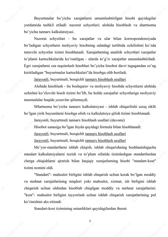 b chiqarish uchun oldindan hisoblab chiqilgan moddiy va mehnat xarajatlarini; "kost"- mahsulot birligini tayyorlash uchun ishlab chiqarish xarajatlarining pul ko’rinishini aks ettiradi. standart-kost tizimining ustunliklari quyidagilardan iborat: ishlab chiqarish va buyumlarning realizatsiyasi bo’yicha kutiladigan xarajatlar haqidagi ma’lumot bilan ta’minlash; mahsulot birligining oldindan hisoblab chiqilgan tannarxi asosida narxni o’rnatish; jarayonli, buyurtmali, bosqichli tannarx hisoblash usullari me’yorlardan chetga chiqishlar va ularning vujudga kelish sabablarini ko’rsatib daromad va sarflar haqidagi hisobotni tuzish. «standart kost» va «direkt kosting» usullari direkt-kosting tizimining mazmuni- korxona ishlab chiqarish xarajatlarini kalkulatsiya qilish uslubini ko’rib chiqishda 1936-yilda djonatan xarris tomonidan kiritilgan "direkt-kosting reja" mazmuniga asoslanadi. direkt-kosting tizimidagi amaliy izlanishlar xarajatlar bo’linishining shartliligini ko’rsatadi. har bir subektda qabul qilingan yo’l qo’yishlar natijalarni hisoblab chiqishda hisoblanishi kerak. direkt-kosting tizimi bo’yicha tannarxni kalkulatsiya qilish ishlab chiqarishning turli hajmida doimiy sarflarning o’zgarmas qiymatini ko’zlaydi, shuning uchun boshqaruv hisobida asosiy e’tibor doimiy sarflarga qaratiladi. subekt va tizimli bo’linmalarning rahbarlari bu xarajatlarni boshqarishning nazorat funksiyalarini …