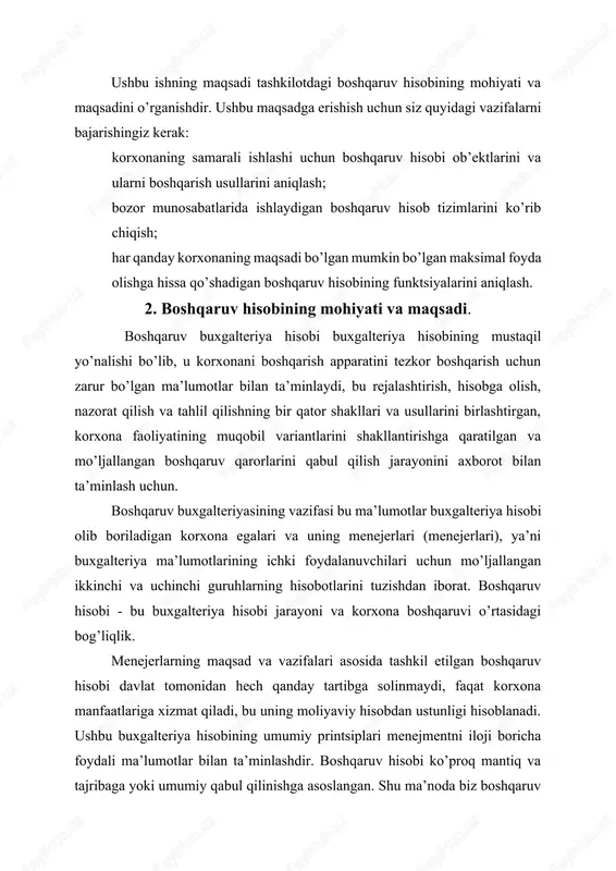 tni iloji boricha foydali ma’lumotlar bilan ta’minlashdir. boshqaruv hisobi ko’proq mantiq va tajribaga yoki umumiy qabul qilinishga asoslangan. shu ma’noda biz boshqaruv buxgalteriyasini markazsizlashtirish, shuningdek uning maxfiyligi to’g’risida gaplashishimiz mumkin. 3. boshqaruv hisobi ob’ektlari boshqaruv hisobi ob’ektlari: korxona va uning alohida tarkibiy bo’linmalari - javobgarlik markazlari xarajatlari (joriy va kapital); ham butun korxonaning, ham alohida javobgarlik markazlarining (korxona segmentlari) iqtisodiy faoliyati natijalari; transfert narxlaridan foydalanishni o’z ichiga olgan ichki narxlar; byudjet va ichki hisobot. boshqaruv hisobida ishlab chiqarish xarajatlari to’g’risida ma’lumotni shakllantirish ularning tegishli tasnifini ishlab chiqish, xarajatlar xatti-harakatlarini tahlil qilish, nazorat qilish va ularni kamaytirish yo’llarini aniqlashga asoslangan. boshqaruv buxgalteriyasida, boshqaruvning maqsad va vazifalariga qarab, xarajatlarni tasniflashda turli asoslar (belgilar) ajratiladi. bunday holda, xarajatlarning ilmiy asoslangan tasnifiga asoslangan asosiy printsip "xarajatlar" va "xarajatlar" tushunchalarini farqlash printsipi bo’lib, ularning farqi vaqt omiliga taalluqlidir. xarajatlar - daromad olish uchun ma’lum bir davrda to’liq ishlatilgan yoki "sarflangan" ishlatilgan resurslarning qiymati. ushbu muddat, …