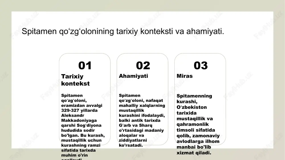 rashda, sog'diyonaning xalq kuchlari qatnashib, urushlarda strategik rol o'ynagan. ular mustaqillik uchun jang qilgan. milliy birlik spitamen qoʻzgʻoloni davomida xalq birlashib, o'z erkinliklari uchun kurashdi. bu birlik, urushning muvaffaqiyatida muhim omil bo'ldi. ijtimoiy ta'sir xalqning bu kurashdagi roli, ijtimoiy tuzilmalarni o'zgartirib, milliy ongni oshirishga yordam berdi. bu, sog'diyonada mustaqil fikrni mustahkamladi. spitamen qoʻzgʻoloni va uning ta'siri: mif va haqiqat. 1 spitamen: qahramon yoki mif? spitamen, ko'plab tarixiy manbalar va xalq og'zaki an'analari orqali qahramon sifatida ko'rsatiladi, ammo uning haqiqiy roli murakkab. 2 spitamen qoʻzgʻolonining ta'siri spitamen qoʻzgʻoloni, sogʻdiyona tarixida mustaqillik va erkinlik uchun kurashning o'ziga xos timsoliga aylandi, mintaqaviy va madaniy o'zgarishlarga sabab bo'ldi. 3 miflar va haqiqatlar spitamen haqidagi miflar, uning qahramonligi va janglarda ko'rsatgan jasorati haqida ko'plab afsonalarni keltirib chiqaradi, lekin tarixiy faktlar har doim buni tasdiqlamaydi. aleksandr makkadoniyaga qarshi kurash: mintaqaviy va siyosiy oqibatlar. mintaqaviy o'zgarishlar aleksandr makkadoniyaga qarshi kurash, sogʻdiyonada mintaqaviy o'zgarishlarga olib keldi, mahalliy hokimiyat …