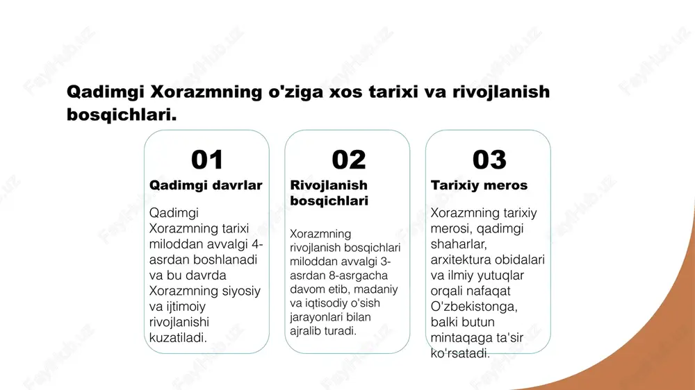 da keng tarqalgan. 3 farobiy farobiy, falsafa va logika bo'yicha muhim ishlar yaratgan. u ilm-fan va madaniyatni rivojlantirishga katta hissa qo'shgan. 4 ibn sino ibn sino, tibbiyot va tabiatshunoslikda ko'plab asarlar yozgan. uning bilimlari, o'rta asrlar yevropasida ham mashhur bo'lgan. qadimgi xorazmda ilmiy tadqiqotlar va ularning ahamiyati. qadimgi ilmiy tadqiqotlar qadimgi xorazmda ilmiy tadqiqotlar muhim ahamiyatga ega bo'lib, ularning ko'plab fanlar, jumladan, astronomiya va matematika sohalaridagi yutuqlari ajralib turadi. ilmiy markazlar xorazmda joylashgan ilmiy markazlar, masalan, urganch va xiva, o'z davrida ko'plab olimlarni jalb qilib, bilim va tadqiqotlarni rivojlantirgan. meros va ta'sir xorazmda olib borilgan ilmiy tadqiqotlar, nafaqat mintaqa, balki butun o'rta asrlar ilm-faniga ta'sir ko'rsatib, zamonaviy ilmiy metodologiyalarga yo'l ochgan. xorazm madaniyati: an'analar va zamonaviy ta'sirlar. 01 an'anaviy qadriyatlar xorazm madaniyatida an'anaviy qadriyatlar muhim o'rin tutadi. o'zbek xalqi urf-odatlari va marosimlari, ayniqsa, mehmondo'stlik va oilaga e'tibor berish bilan ajralib turadi. 02 zamonaviy ta'sirlar zamonaviy xorazm madaniyati globalizatsiya jarayonlari ta'sirida …