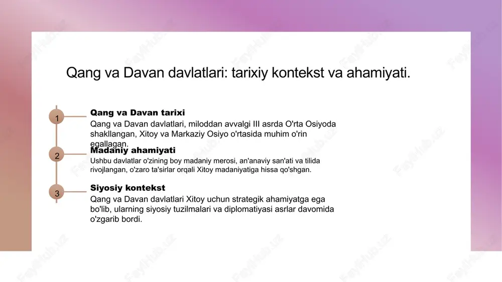 atlarining madaniyati ko'rsatilgan bo'lib, bu manbalar ularning urf-odatlari va ijtimoiy hayotini yoritadi. qang va davan davlatlarining o'rta osiyo tarixidagi roli. 1 qang va davan ta’siri qang va davan davlatlari o'rta osiyo tarixida muhim rol o'ynagan, ular iqtisodiy va madaniy aloqalarni rivojlantirishda asosiy markaz bo'lgan. 2 savdo yo'llari ushbu davlatlar orqali o'tgan savdo yo'llari, xitoy va markaziy osiyo o'rtasida savdo almashinuvi uchun strategik ahamiyatga ega bo'lgan. 3 madaniy almashuv qang va davan madaniyatlari o'zaro almashuv jarayonida ko'plab adabiy va san'at asarlarini yaratgan, bu esa mintaqa madaniyatini boyitgan. 4 siyosiy ta'sir ularning siyosiy tuzilmalari va diplomatik aloqalari o'rta osiyo davlatlari o'rtasidagi munosabatlarga sezilarli ta'sir ko'rsatgan, barqarorlikni ta'minlagan. qang va davan davlatlari orqali xitoy va o'rta osiyo aloqalari. 1 qang va davan aloqalari qang va davan davlatlari xitoy bilan muhim savdo va madaniy aloqalarga ega bo'lib, o'zaro ta'sirlar tarixiy jihatdan ahamiyatlidir. 2 savdo yo'llari qang va davan davlatlari orqali o'rta osiyo va xitoy …
