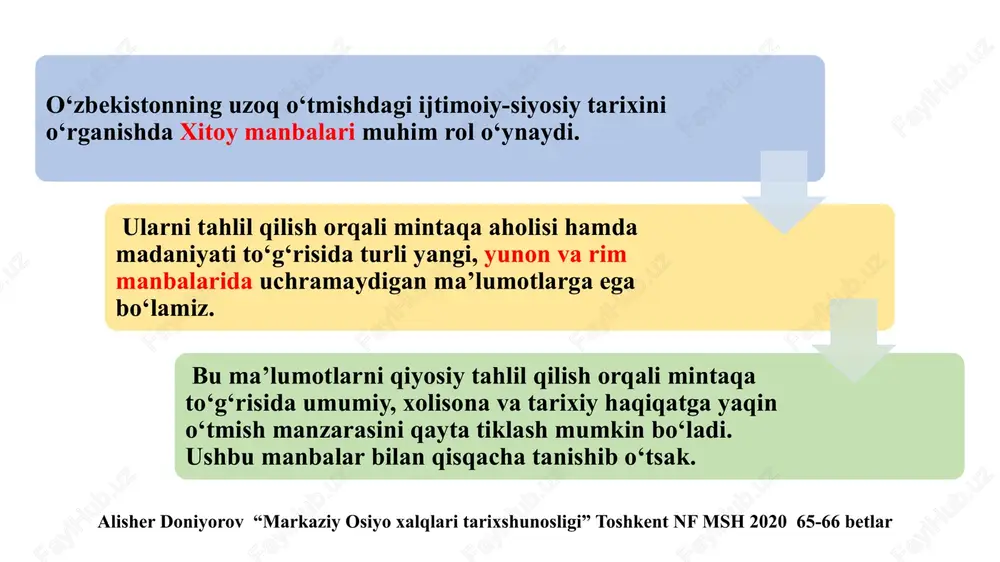 qang‘ hamda dovonliklar haqida ma’lumotlar uchraydi. xususan, xitoy manbalarida saklar “sak”, “se”, “sek”, “sai” shakllarida tilga olinib, ular xitoyning g‘arbida yashaganligi ko‘rsatilgan. alisher doniyorov “markaziy osiyo xalqlari tarixshunosligi” toshkent nf msh 2020 68-bet xitoy manbalarining toshkent haqidagi ma’lumotlari ham e’tiborlidir. choch xitoy manbalarida “choch”, “shi” yoki “chjeshe” nomlari bilan qayd etilgan. alisher doniyorov “markaziy osiyo xalqlari tarixshunosligi” toshkent nf msh 2020 67-bet xitoy manbalarining o‘ziga xos tomonlaridan biri shundaki, ularda toshkent viloyati va farg‘ona vodiysi hududidagi eng qadimgi davlatlar hamda xalqlar to‘g‘risida qimmatli ma’lumot berilgan. davan davlati haqidagi yozma ma‘lumotlar asosan xitoy manbalarida, chjan syan ma‘lumotlarida, sima syanning “tarixiy xotiralar”, ban gunning “birinchi xan sulolasi tarixi”, alisher doniyorov “markaziy osiyo xalqlari tarixshunosligi” toshkent nf msh 2020 67-bet alisher doniyorov “markaziy osiyo xalqlari tarixshunosligi” toshkent nf msh 2020 67-bet shuningdek, ushbu hududlarda mavjud davlatlar, shaharlar, xalqlar, qabilalar, daryo va tog‘lar haqida qimmatli toponimik ma’lumotlar ham bor. buyuk ipak yo‘li va savdo …