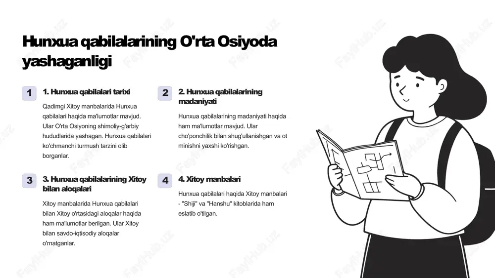 g madaniyati va turmush tarzi ko'chmanchi hayot tarziga moslashgan edi. 4 4. xiongnu xiongnu qabilalari shimoliy xitoyda, o'rta osiyo chegaralarida yashab, xitoyga doimiy ravishda bostirib kirganlar. ular o'zlarining kuchli otliq qo'shinlari bilan xitoyga katta xavf tug'dirganlar. 8 xitoy manbalarida o'rta osiyo iqtisodiy hayoti haqida ma'lumotlar xitoy manbalarida o'rta osiyo iqtisodiy hayoti haqida juda qimmatli ma'lumotlar mavjud. qadimgi xitoy manbalarida o'rta osiyoning o'ziga xos savdo va iqtisodiy faoliyati haqida gap boradi. masalan, xitoyning "shiji" va "hanshu" kabi tarixiy kitoblarida o'rta osiyo hududlaridan xitoyga keltirilgan tovarlar, xususan, ot, jun, charm, qul, qimmatbaho toshlar, oltin va kumush kabi mahsulotlar haqida ma'lumotlar keltirilgan. o'rta osiyo aholisi xitoy bilan savdo-sotiq aloqalarini o'rnatib, iqtisodiy rivojlanishga erishgan. xitoyning "o'rta osiyo yo'li" orqali o'rta osiyo mamlakatlari bilan iqtisodiy va madaniy aloqalar yanada mustahkamlangan. o'rta osiyo mamlakatlari xitoyga ot, jun, charm, qimmatbaho toshlar va boshqa mahsulotlarni eksport qilgan. bu savdo-sotiq munosabatlari ikki tomon uchun ham foydali bo'lgan. 9 xitoyning …