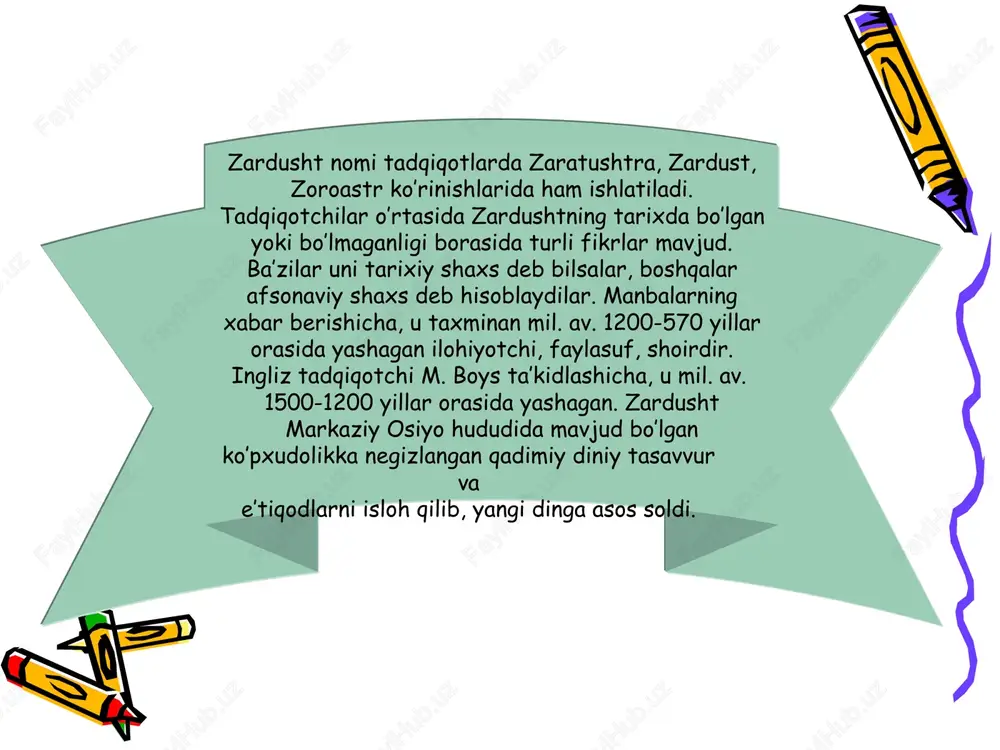 olinadi, u yerda murdalarning go’shtlarini qushlar yeb, suyaklarini tozalaydi. go’shtdan tozalangan suyaklar maxsus sopol idishlarga solinib minora o’rtasidagi quduqqa sochib yuboriladi. bunda poklik bilan nopoklikning bir-biriga yaqinlashmasligiga erishiladi. amesha spenta – abadiy ruhlar xshatra vairya- osmonni yaratgan armaiti – yerni yaratgan xaurva tat – suvni yaratgan ameretat – o’simlik dunyosini yaratgan bohu mana – iloxiy sigirni yaratgan asha vahishta – olovni yaratgan zardushtiylikda imon asoslari ezgu fikr ezgu so’z ezgu amal zardushtiylik dini dunyodagi eng qadimiy dinlardan biri hisoblanib, mil. av. xii-vi asrlarda markaziy osiyo, ozarbayjon, eron va kichik osiyo xalqlari unga e’tiqod qilganlar. eronda sosoniylar sulolasi hukmronligi davrida uning muqaddas kitobi avesto ruhoniylar tomonidan og’zaki rivoyatdan yig’ilib, birinchi marta kitob shakliga keltirilgan. ayrim qismlariga, ayniqsa «videvdat» bo’limiga o’zgartirishlar kiritilib, qayta ishlangan. viii asrda o’rta osiyoga islom dini kirib kelib, keng tarqalguniga qadar zardushtiylik mahalliy xalqlarning asosiy dini hisoblangan. buni, jumladan, arxeologik tadqiqotlar isbotlaydi. avesto zardushtiylikning asosiy manbasi va muqaddas …