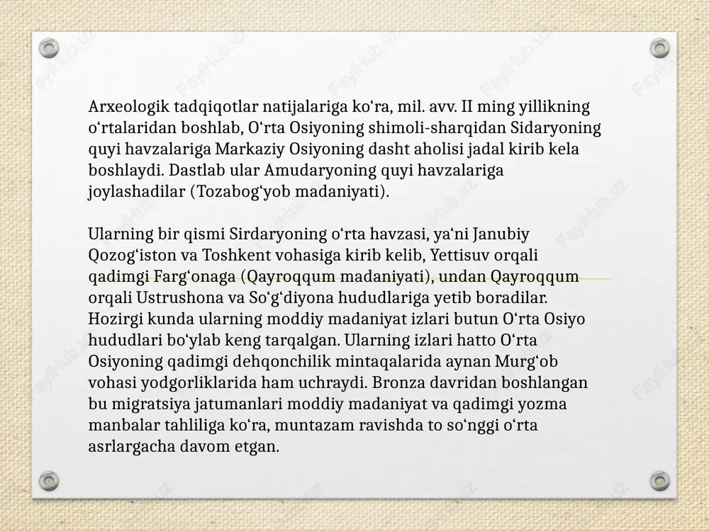 a vujudga keladi (xitoycha «xuanxe»-«sariq daryo» ma’nosini anglatadi). xitoyliklar «beqaror daryo», «minglab ofatlar daryosi» deb ham tariflangan xuanxeo’zanini tez-tez o’zgartirib turardi. o’rtacha har ikki -uch yilda bir marotaba kuchli va sertalofat suv toshqinlari bo’lib o’tadi odamlar bu toshqinlardan tepalik joylarda jon saqlab qolishardi. miloddan avvalgi 3 mingyillikda xitoyda qabilalar ittifoqlari paydo bo’la boshladi. mil.avv. 2 mingyillik oxirida ittifoq-shaharlar yagona davlatga birlashdi,bu davlat nomi uning bosh shahri nomi kabi «shan»deb atalgan. mil.avv.2mingyillik oxirida shanga qo’shni chjou qabilasi bostirib kiradi,uning hukmdori shan yerlarini o’zinikiga qo’shib oldi va «chjou» degan katta davlatlarni bunyod etdi. davlat ulkanligi bois hukmdorlar uni «zafaryor» yoki «o’rta podsholik» deb,o’zlarini esa «osmon o’g’illari» deb atashardi.butun markaziy xitoy ana shu davlat tarkibiga kirgan edi. aholining mashg’ulotlari. dehqonchilik xitoyda azaldan etiborli va fahrli kasb hisoblab kelingan. xitoyda asosiy dehqonchilik ekinlari javdar va bug’doy bo’lgan. keyinchalik xitoyliklar sholi yetishtira boshladilar. miloddan avvalgi viii-vii asrlarda chjou davlatida markaziy hokimiyat zaiflasha boshladi. ayrim viloyatlar …