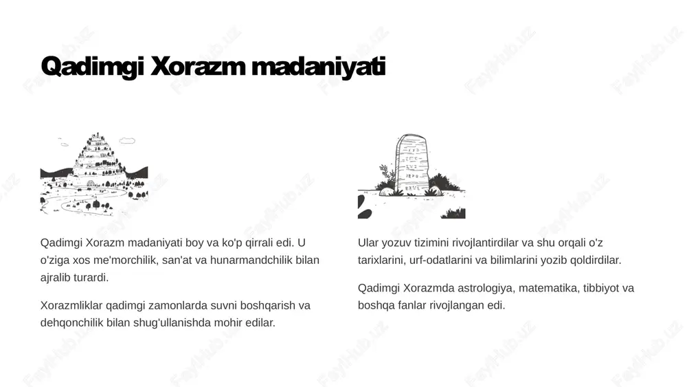 isodiyotning rivojlanishiga qishloq xo'jaligi, hunarmandchilik va savdo kabi sohalar katta hissa qo'shgan. bu davrda dehqonchilikning rivojlanishi, sug'orish tizimlarini takomillashtirilishi va paxta, g'alla va boshqa ekinlarni yetishtirishning oshishiga olib kelgan. hunarmandchilikning rivojlanishi esa o'z navbatida, turli xil buyumlar, metall buyumlar, to'qimachilik va boshqa mahsulotlar ishlab chiqarilishini ta'minlagan. xorazmshohlar davrida savdo-sotiqning rivojlanishi, buyuk ipak yo'li bo'ylab savdo karvonlarining o'tishi, shuningdek, xorazmning qo'shni davlatlar bilan savdo aloqalarini mustahkamlashga olib kelgan. bu davrda xorazmda moliyaviy tizimning rivojlanishi, pul muomalasi keng tarqalgani va xalqaro savdo-sotiqning kengayishi kuzatilgan. 9 xorazm madaniyati va san'ati qadimgi xorazm madaniyati o'zining boyligi va xilma-xilligi bilan ajralib turardi. xorazm san'ati o'ziga xos an'analarga ega bo'lib, turli xil sohalarda namoyon bo'lgan. ushbu sohalar orasida kulolchilik, to'qimachilik, haykaltaroshlik va musiqa alohida o'rin tutadi. xorazm hunarmandlari o'zining mahoratlari va ijodkorligi bilan ajralib turgan. ularning qo'llari bilan yaratilgan buyumlar dunyodagi ko'plab muzeylarda saqlanib, xorazm madaniyatining yuksak darajasini namoyon qiladi. xorazm san'ati markaziy osiyo madaniyatining rivojlanishiga …