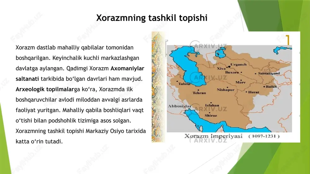 i forsiy tilning sharqiy eron lahjasiga yaqin boʻlgan. eramizning vi–vii asrlaridan boshlab bu til va yozuv asta-sekin isteʼmoldan chiqib, viii–ix asrlarga kelganda umuman tushunarsiz oʻlik tilga aylangan. qadimgi xorazm tilidagi ba’zi bir soʻzlar hozirgi xorazm shevasida saqlanib qolgan. xorazm yozuvi yodgorliklari milodiy i–viii asrlar oraligʻida zarb etilgan xorazm shohlari tangalari, tuproqqalʼadan topilgan xorazmshohlarning arxivi, toʻqqalʼa yodgorligidan topilgan ossuariylar sirti, mizdahkon yodgorliklari majmuasidagi govurqalʼadan topib oʻrganilgan. savda va iqtisodiyoti qadimgi xorazmning savdo va iqtisodiyoti bu hududning rivojlanishida muhim o‘rin tutgan. xorazmning geografik joylashuvi uni savdo yo‘llarining kesishgan nuqtasiga aylantirgan va mintaqa ipak yo‘li orqali xalqaro savdoning faol ishtirokchisiga aylangan. xorazmning ipak yo‘lidagi o‘rni strategik joylashuv - xorazm amudaryo bo‘yida joylashgani tufayli markaziy osiyo, xitoy, hindiston, yaqin sharq va yevropa o‘rtasidagi savdo aloqalarida asosiy uzel bo‘lgan. ipak yo‘lining asosiy tarmoqlaridan biri xorazmdan o‘tib, bu hududni xalqaro savdoda muhim bog‘lovchi zanjirga aylantirgan. savdo mahsulotlari - xorazm boshqa mintaqalarga ipak, paxta, bug‘doy, jun, qimmatbaho …