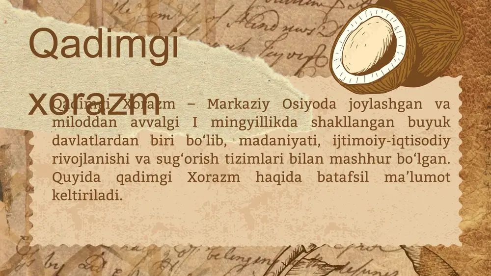 yatlar va xalqlar o‘rtasida aloqalarni rivojlantirgan. biroq, xiii asrda chingizxon boshchiligidagi mo‘g‘ullar tomonidan bosib olinib, xorazmning yirik shaharlari vayron bo‘ldi. shunga qaramay, xorazmning madaniy va ilmiy merosi bugungi kunda ham e’tiborga loyiq bo‘lib, ularning yodgorliklari tarixshunoslar va sayyohlar uchun muhim manba bo‘lib xizmat qiladi. xulosa e'tiboringiz uchun rahmat! image1.jpeg image2.png image3.png image4.svg image5.png image6.svg image7.jpeg image8.png image9.png image10.jpeg image11.jpeg image12.jpeg image13.jpeg image14.png image15.svg image16.png image17.png image18.svg image19.jpeg image20.png image21.svg image22.jpeg image23.png image24.png image25.png image26.png image27.svg image28.png image29.jpeg image30.jpeg image31.jpeg image32.png image33.png image34.png image35.png image36.svg image37.jpeg image38.png image39.jpeg image40.jpeg image41.jpeg image42.png image43.svg image44.png image45.svg image46.png image47.svg image48.jpeg image49.jpeg image50.jpeg image51.png image52.svg image53.png image54.svg /docprops/thumbnail.jpeg