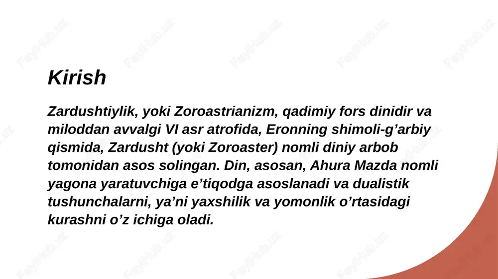 ushtiylikning o’ziga xosligi, uning zamonaviy dunyoda diniy tolerantlikni rivojlantirishga hissa qo’shadi. - zardushtiylarning boshqa diniy jamoalar zardushtiylarning boshqa diniy jamoalar bilan dialogi, tinchlik va o’zaro anglashuvni mustahkamlashga yordam beradi. xulosa zardushtiylik zamonaviy dunyoda o'zining diniy, madaniy va axloqiy qadriyatlari bilan muhim rol o'ynaydi. ushbu din, insoniyatni yaxshilik, haqiqat va adolat yo'lida harakat qilishga chaqiradi va o'zining tarixiy merosini saqlab qolishga intiladi. zardushtiylik, shuningdek, ekologik muammolar va ijtimoiy masalalar bo'yicha yechimlar taklif qiladi, bu esa uni zamonaviy jamiyatda yanada dolzarb qiladi. foydalanilgan adabiyotlar avesta: zardushtiylikning asosiy diniy kitobi bo’lib, unda zardushtiylik ta’limotlari va marosimlari haqida ma’lumotlar mavjud. zoroastrianism: an introduction by jenny rose the influence of zoroastrianism on judaism, christianity, and islam by john r. hinnells: 1. zardushtiylikning asoschisi kim? a) zardusht b) mo‘g‘ul c) xristian d) budda 2. zardushtiylik qaysi qadimiy davlatda paydo bo‘lgan? a) misr b) eron c) hindiston d) gretsiya 3.zardushtiylikda qaysi asosiy tushuncha mavjud? a) reinkarnatsiya b) …