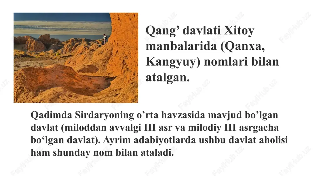 xti – ershi va yuchen bo‘lganligi xabari beriladi. miloddan avvalgi ii asr (mil.avv. 125-yil) da bu hududlarga kelgan xitoy elchisi chjan syan bir nechta dovon hukmdorlarining ismini keltirib o‘tgan. ularning nomlari xitoychada mugua, chan fin, yanlyu, mosoy deb berilgan. chjan syan qadimgi farg‘ona xalqi bilan, uning xulq-atvori, urf-odatlari, kuch-qudrati, tabiati va hayvonot dunyosi bilan tanishar ekan, o‘z imperatori nomiga hisobot yozgan va xitoy imperatorining e’tiborini dovonga tortgan. xitoy harbiy yurishlari tashkil etilgan bu davr dovon davlati uchun og‘ir sinov bo‘ldi. butun harbiy muhorabalar aynan ularning hududlarida bo‘lib o‘tdi, shaharlar vayron bo‘ldi, aholisi talon-taroj etildi, ekin dalalari yoqib yuborildi, tijorat ishlari to‘xtab qoldi va qanchadan-qancha insonlar halok bo‘ldi. xitoy tarixchilari nafaqat davlatning hududiy chegaralari, geografik o‘rni to‘g‘risida, balki hukmron doira va oddiy aholiga ham ta’rif berib, yozma manbalarda yozib qoldirgan. ehtimol o‘zidan keyin keladigan sulola yoxud hukmdorga xalqlar to‘g‘risida ma’lumot berib, u yoki bu davlat bilan qanday munosabatda bo‘lishi kerakligini uqtirmoqchi …