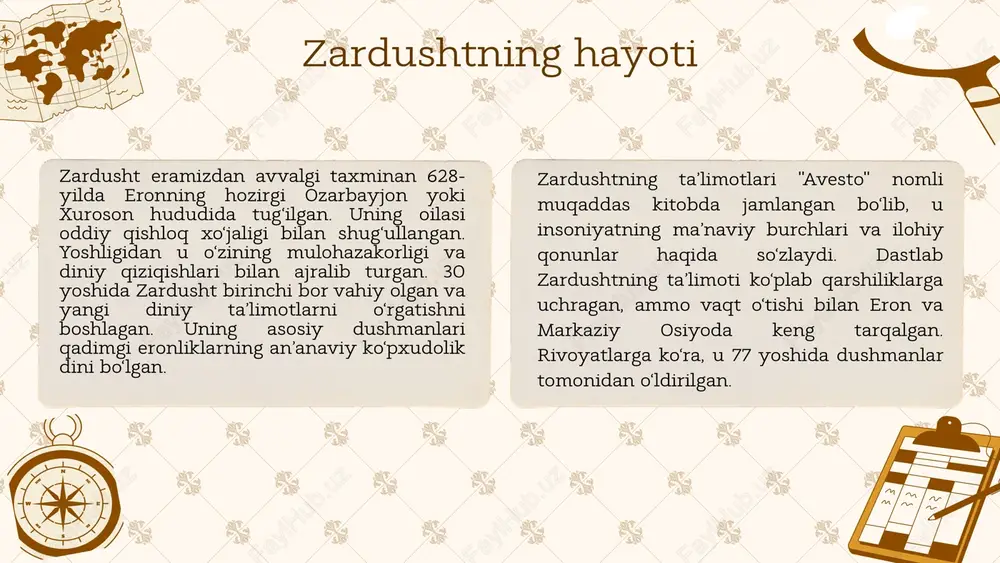 i targ‘ib qilish va halollik bilan yashash kabi qadriyatlar ham kitobda keng yoritilgan ahura mazda va angra manyu zardushtiylikda asosiy ilohiy mavjudot ahura mazda hisoblanadi. ahura mazda dunyoning yaratuvchisi va yaxshilikning ramzidir. unga qarama-qarshi bo‘lgan yovuz kuch esa angra manyu (ahriman) deb ataladi. ushbu ikkilik ta’limoti yaxshilik va yomonlik o‘rtasidagi kurashni aks ettiradi va insonlarni yaxshi amallar qilishga undaydi. ahura mazda (donolik xudosi) – ezgulik, yorug‘lik va yaratuvchanlik timsoli bo‘lib, olamni yaratgan va uni boshqaruvchi ilohiy kuch hisoblanadi. u odamlarga adolatli bo‘lishni, haqiqatni tan olishni va poklikka intilishni o‘rgatadi. zardushtiylikda ahura mazda yagona oliy xudo sifatida ulug‘lanadi va barcha yaxshiliklarning manbai deb hisoblanadi. zardushtiylik ta’limotiga ko‘ra, ahura mazda va angra manyu o‘rtasidagi kurash dunyo mavjudligining asosiy ma’nosidir. insoniyat bu kurashda ahura mazda tomonida turib, ezgulik uchun kurashishi lozim. oxir-oqibatda, yaxshilik (ahura mazda) g‘alaba qozonadi va dunyo mukammal va uyg‘un holatga yetadi. angra manyu (yovuz ruh) esa yovuzlik, zulmat va vayronagarchilik …