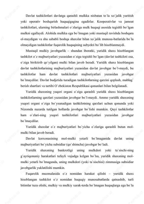 kin. fuqarolik muomalasida o`z nomidan harakat qilishi – yuridik shaxs hisoblangan tashkilot o`z nomidan huquqiy munosabatlarda qatnashib, turli bitimlar tuza olishi, mulkiy va mulkiy xarak-terda bo`lmagan huquqlarga ega bo`la olishi va majburiyatlar vujud-ga keltira olishi, demakdir. yuridik shaxs sudda, xo`jalik sudida mustaqil ravishda da`vogar va javobgar bo`la oladi. har bir yuridik shaxs o`z firma nomiga ega bo`lishi talab etiladi. firma nomi yuridik shaxsning tashkiliy-huquqiy shaklini bildiradi. masalan, “zarbdor” savdo–ishlab chiqarish jamoa kor-xonasi. bu yerda “zarbdor” – korxonaning nomi, ya`ni, korxonaning mahsulot va xizmatlari “zarbdor” yorlig`i ostida chiqariladi. “savdo-ishlab chiqarish” korxona faoliyatining xarakterini, “ja-moa korxonasi” – korxonaning jamoa mulkchiligiga asoslanganli-gini bildiradi. shuningdek, yuridik shaxslar rasmiy nomda, ya`ni davlat nomida bo`lishlari ham mumkin. yuridik shaxslarga rasmiy nomni berishda o`zbekiston respublikasi hukumati ruxsat beradi. masa-lan, o`zbekiston republikasi prezidentining 2000 yil 28 yanvar-dagi farmoniga ko`ra, toshkent davlat universitetiga o`zbekiston milliy universiteti maqomi berildi. yuridik shaxsning huquq layoqati va muomala layoqati yuridik shaxs o`z faoliyatida …