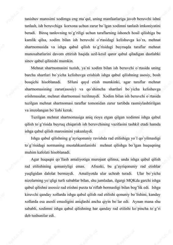 shning har qanday rad etilishi ko`pincha to`g’ri deb tushunilar edi. oldingi qonunning bu jiddiy nuqsonini yangi mehnat kodeksi tuzatdi. yangi mehnat kodeksi ishga qabul qilish tartibini belgilab kolmasdan, ishga qabul qilishda ish beruvchining kaysi harakatlarini g’ayriqonuniy deb hisobashi mumkinligi ham aniq belgilab berdi. ishga qabul qilishda rad etish xollari g’ayriqonuniiy deb hisoblanadigan xollar mkning 78- moddasida keltirib o`tilgan. ularni uch guruxga ajratish mumkin. birinchi gurux, ishga qabul qilishda ish beruvchi tomonidan ishga kiruvchiga nisbatan kamsitish xollarini o`z ichiga oladi. kuchaytirilgan ijtimoiy himoyaga muxtoj bo`lgan shaxslarni ishga qabul qilish g’ayriqonuniy rad etilishi ikkinchi guruxga tegishlidir. ish beruvchi bunday shaxslar bilan qonun xujjatlariga muvofik mehnat shartnomasi tuzishga majburdir. va nixoyat, uchinchi gurux ish beruvchi ishga joylashtirish yuzasidan o`z zimmasiga majburiyat olgan shaxslarga nisbatan ishga qabul qilishning g’ayriqonuniy rad etilishini qamrab oladi. 1. mehnat munosabatlarida kamsitishning taqiqlanishi mkning 6- moddasida nazarda tutilgan. mkning 78- moddasi ikkinchi qismining mazmuniga ko`ra, mkning 6- moddasi talabi …