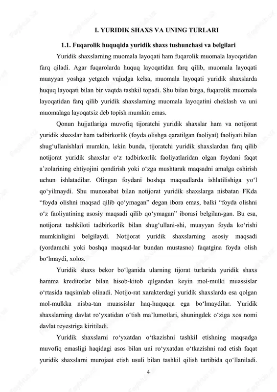 ‘linganda o‘z faoliyatini bekor qiladi va uning negizida ikki yoki bir necha yuridik shaxs paydo bo‘ladi hamda avvalgisining huquq va majburiyatlari yangidan vujudga kelgan yuridik shaxslarga o‘tadi. yuridik shaxsning qo‘shilishida uning huquq va majburiyatlari uni qo‘shib olayotgan yuridik shaxsga o‘tadi hamda qo‘shilgan yuridik shaxs o‘zining mustaqil ravishda faoliyat yuritishini to‘xtatadi. ajralish shaklida esa faoliyat yuritayotgan yuridik shaxs tarkibi-dan mustaqil tashkilot ajralib chiqadi va alohida yuridik shaxs huquqini oladi. kooperativ jamoat tashkilotlarining birlashishiga, bo‘lini-shiga a’zolarning umumiy majlislari (yig‘ilishlari) va vakillari majlisi (yig‘ilish) ning qarori asosidagina yo‘l qo‘yiladi. yuridik shaxslarni qayta tashkil qilish tartibi o‘zbekiston respublikasi qonunlari yoki o‘zlarining ustavlari bilan belgi-lanadi. yuridik shaxslar qayta tashkil etilganida universal huquqiy vorislik vujudga keladi. yuridik shaxsni tugatish uning huquq va burchlari huquqiy vorislik tartibida boshqa shaxsga o‘tmasdan bekor qilinishiga olib keladi. fkning 53-moddasida yuridik shaxslarni tugatish asoslari quyidagicha belgilangan: 1. yuridik shaxs muassislari (ishtirokchilari) ning yoki ta’sis hujjatlari bilan tugatishga vakolat berilgan yuridik shaxs …