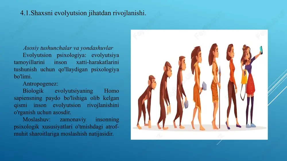 utsion nazariyalar va shaxs. 1990-yillarning oxirida evolyutsion psixologiya boʻyicha birinchi darslik hozirda evolyutsion psixologiya boʻyicha yetakchi tadqiqot markaziga rahbarlik qilayotgan jon tubi va leda kosmids tomonidan nashr etilgan. 4.3.evolyutsion nazariyalar va shaxs. 4.4.shaxs filogenezi va ontogenezi. filogenez tarixiy rivojlanish ontogenez tug’ilish o’lim ajdodlarning evolyutsion bosqichlarini takrorlash filogeniya (turlarning filogeniyasi) bu nima: yangi turlarning shakllanishiga va hayot shakllarining xilma-xilligiga olib keladigan tirik organizmlarning tarixiy rivojlanishi. misol: odamlarning eng qadimgi ajdodlaridan hozirgi odamlargacha bo'lgan evolyutsiyasi. 4.4.shaxs filogenezi va ontogenezi. 4.4.shaxs filogenezi va ontogenezi. ontogenez (individual rivojlanish) bu nima: individual organizmning to'liq hayot aylanishi, shu jumladan embrional rivojlanish va postembrional rivojlanish. misol: dastlabki bosqichlarida baliq embrioniga o'xshab ketadigan odam embrionining rivojlanishi, so'ngra sudralib yuruvchilarning rivojlanishini eslatuvchi bosqichlardan o'tadi va hokazo. filogenez va ontogenez o'rtasidagi bog'liqlik gekkel-myuller biogenetik qonunida aytilishicha, organizm individual rivojlanish (ontogenez) davrida o'z ajdodlari bosib o'tgan shakllarni (filogenez) takrorlaydi. xulosa: ontogenez - bu turning tarixiy rivojlanishining qisqacha va ixcham tasviri bo'lib, …