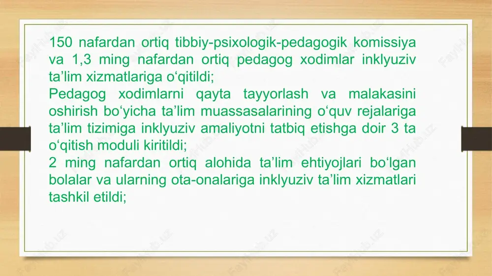 h uchun davlat xizmatlarini ko‘rsatish mexanizmi joriy etiladi. mamlakatimizda imkoniyati cheklangan bolalarni o‘qitish, tarbiyalash, kasb-xunarga yo‘naltirish, jamiyatga uyg‘unlashtirish masalalalari davlat siyosatining dolzarb yo‘nalishlaridan hisoblanadi. chunki o‘zbekistonda taraqqiyotning besh tamoyilidan biri-kuchli ijtimoiy siyosat maqsadli yo‘lga qo‘yilganligi bois, aholining ko‘makka muhtoj qatlamlarini har tomonlama qo‘llab-quvvatlash huquqiy jihatdan kafolatlangan. imkoniyati cheklangan bolalar va o‘smirlarning ijtimoiy hayotga moslashuvi milliy va xalqaro asoslarga egadir. jumladan, xalqaro xujjatlar: “inson huquqlari umumjahon deklaratsiyasi” 1948 yil jeneva jumladan, xalqaro xujjatlar: “nogiron shaxslar huquqlari to‘g‘risida”gi deklaratsiya 1975 yil bmt tomonidan 1989 yilda qabul qilinib o‘zbekistonda 1992 yilda ratifikatsiyalangan “bola xuquqlari to‘g‘risida konvensiya” “ta’lim barcha uchun” umumjahon deklaratsiyasi” 1990 yil tayland “salamanka bayonoti” 1994 yil italiya “dakar deklaratsiyasi” 2000 yil dakar milliy huquqiy me’yorlar: “ta’lim to‘g‘risida”gi qonun 55-modda bola huquqlari to'g'risida konventsiya 21 are we there yet? crc cartoon bola huquqlari to'g'risida konventsiya inson huquqlariga oid eng universal shartnoma hisoblanadi. 2005 yil yanvariga kelib bhkni 192 ta davlat ratifikatsiya qildi. …