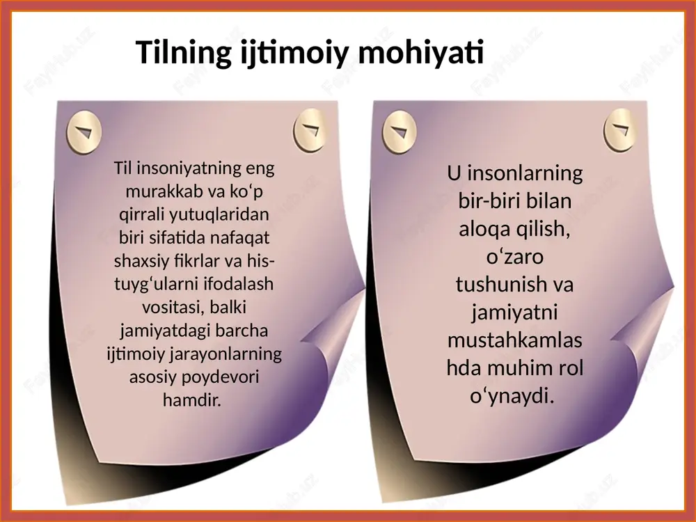 r tilga yangi energiya beradi, davlat tili siyosati esa til madaniyatini mustahkamlaydi. bu jarayonlar birgalikda tilni milliy merosning ajralmas qismiga aylantiradi, jamiyatning madaniy va ijtimoiy taraqqiyotini ta'minlaydi. kelajakda til rivojlanishi jamiyatning faolligi va davlat qo'llab-quvvatlashiga bog'liq bo'lib, u orqali milliy o'ziga xoslik saqlanib, global miqyosda mustahkamlanadi. xulosa foydalanilgan adabiyotlar g‘ulomov a., shirinov sh. “tilshunoslikka kirish”. – toshkent: o‘qituvchi, 2005. mahmudov n., nurmonov a. “til va jamiyat”. – toshkent: fan, 2009. karimov i.a. “yuksak ma’naviyat – yengilmas kuch”. – toshkent: ma’naviyat, 2008. rahmatullayev sh. “hozirgi o‘zbek adabiy tili”. – toshkent: o‘zbekiston, 2010. jo‘rayev m. “o‘zbek tili va uning taraqqiyoti”. – toshkent: o‘qituvchi, 2013. sodiqov m. “til va jamiyat munosabati”. – toshkent: fan va texnologiya, 2015. o‘zbekiston respublikasi “davlat tili to‘g‘risida”gi qonuni (1989, yangilangan tahrir 2020-yil). image1.png image2.png image3.png image4.png image5.png image6.png image7.png image8.png image9.png image10.png image11.png image12.jpeg /docprops/thumbnail.jpeg