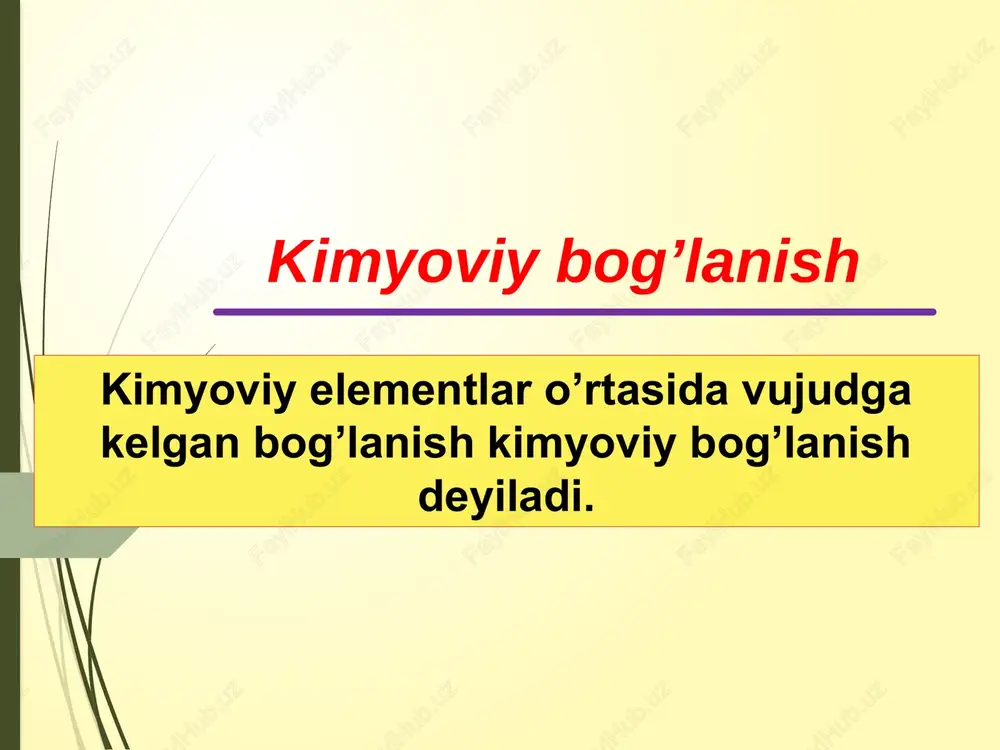 kulyar kristall panjara ionli kristall panjara atom kristall panjara molekulyar kristall panjara ionli kristall panjara metalmas + metalmas metall + metalmas kovalent bog’lanishli ion bog’lanishli suyuqlanish va qaynash haroratlari past suyuqlanish va qaynash haroratlari yuqori elektr tokini o’tkazmaydi - dielektrik qattiq holatda elektr tokini o’tkazmaydi, eritmasi va suyuqlanmalari o’tkazadi suvda yomon eriydi suvda yaxshi eriydi qattiqligi eng past. mo’rt bo’ladi qattiqligi yuqori sublimatlanadi qutbsiz erituvchilarda erimaydi kristall panjara kristall panjara atom kristall panjara metall kristall panjara metalmas + metalmas metall + metal puxta kovalent bog’lanishli metall bog’lanishli suyuqlanish va qaynash haroratlari eng yuqori suyuqlanish va qaynash haroratlari yuqori elektr tokini o’tkazmaydi (dielektrik yoki yarim o’tkazgich) elektr tokini juda yaxshi o’tkazadi suvda va qutbsiz erituvchilarda erimaydi suvda va qutbsiz erituvchilarda erimaydi eng qattiq qattiqligi mustahkam plastik va bolg’alanuvchan kristall panjara molekulyar kristall panjara barcha gazlar, nodir gazlar, nh3, h2, o2, n2, co2 – quruq muz, o3, oq fosfor, s8, gal2, hgal, …