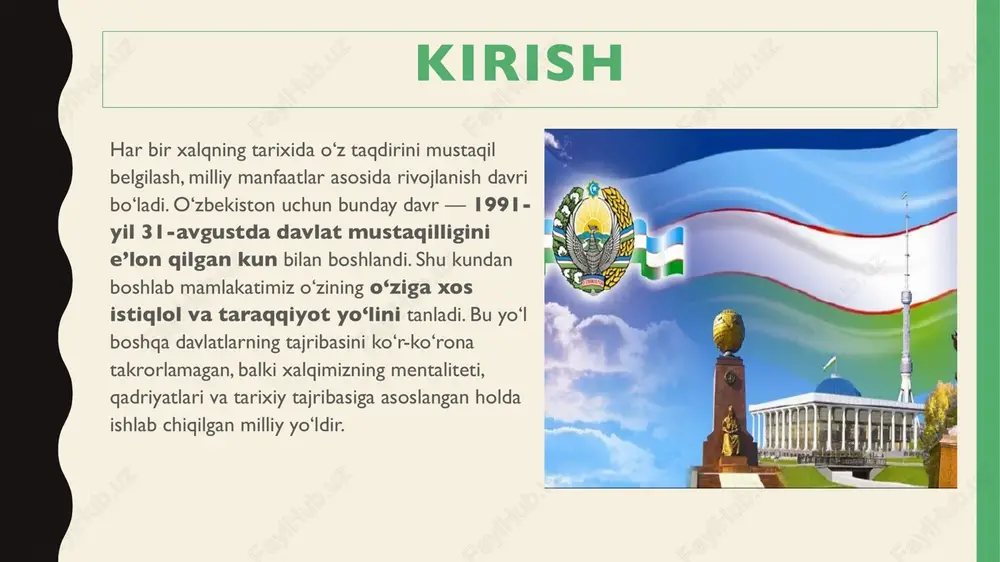 i, qishloq xo‘jaligi mahsulotlarini ishlab chiqarish – 5,8%, chakana savdo – 13,1%, aholiga pullik xizmat ko‘rsatish hajmi – 13,8% hamda eksport hajmi esa 28,5% ga o‘sgan. eslatib o‘tamiz, osiyo taraqqiyot banki joriy yilda o‘zbekiston iqtisodiyotining 8,5% ga o‘sishini prognoz qilmoqda. o`zbekiston iqtisodiyoti oxirgi 10 yil ichida deyarli ikki barobar o`sdi o`zbekistonning yalpi ichki mahsuloti (yaim) 2008 yil o`sish sur’atlari 9%, 2009 yilda – 8,1%, 2010 yilda esa – 8,5% tashkil qildi, bu esa, jahon moliyaviy institutlar baho berishlaricha, dunyodagi eng baland ko`rsatkichlardan biri hisoblanadi. bu haqida, joriy yilning 21 yanvarida o`zbekiston respublikasi prezidenti islom karimov, 2010 yilda mamlakatning ijtimoiy-iqtisodiy rivojlanishi natijalari va 2011 yilga belgilangan ustuvorliklariga bag`ishlangan ma’ruzalarida ta`kidlab o`tdilar. o`zbekiston respublikasida iqtisodiy islohotlarni amalga oshirish bilan bir vaqtda ma`naviy merosimizni, madaniy qadriyatlarimizni tiklash va ularni xalqimizga etkazish borasida keng ko`lamda faoliyat olib borilmoqda.respublika prezidenti i.a. karimov ta`kidlab o`tganidek, ma`naviyatning mohiyati shunchalik kengki, uni o`lchab ham, poyoniga etkazib ham bo`lmaydi. …