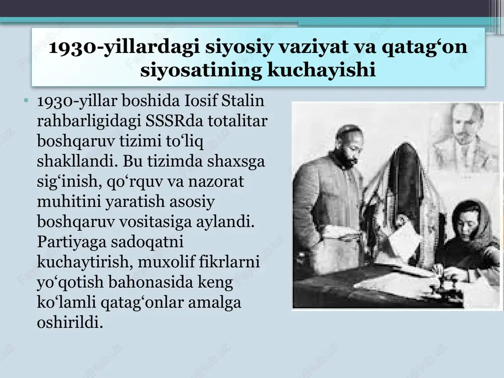 hirin faoliyat yuritdilar. biroq, mustabid tuzumning mash`um qatag`onlik siyosati xx asrning 30-yillarida vatan va millat istiqboli uchun kurashuvchi barcha fidoyi insonlarni deyarli qatag`on qildi. ularni «vatan xoini», «xalq dushmani», «panturkist», «panislomist», «angliya josusi» kabi o`ylab topilgan sohta nomlar bilan badnom qilindi. ii-jaxon urushidan so`ng qatag`onlarning yangi oqimi boshlandi. bu davrda asosan, shoir va yozuvchilar, fan va madaniyat xodimlari ayblov ishlariga tortildilar. atoqli shoir va yozuvchilarimizdan m.shayxzoda, mirtemir, sayyid ahmad va boshqalarni misol qilib keltirishimiz mumkin. stalinning o`limidan so`nggina nohaq qatag`on qilinganlarni oqlash jaryoni o`z ishini boshladi. 1980 yillarga kelib «paxta ishi», «o`zbeklar ishi» deb nom olgan sohta atamalar bilan qatag`onlarning navbatdagi to`lqini mamlakatimiz siyosiy hayotida amalga oshirildi. bu o`rinda shuni ta`kidlash joizki, ushbu o`ylab topilgan jinoiy ishlar ortidan xalqimiz nomini butun dunyoga yomonotliq qilib ko`rsatish, milliy g`urur va sha`nimizni yerga urish maqsad qilingan edi. shu bahonada xalqimiz ichidan yetishib chiqqan minglab ilg`or paxtakorlar, zahmatkash insonlar siyosiy tizimning qurboniga aylantirildilar. faqat …