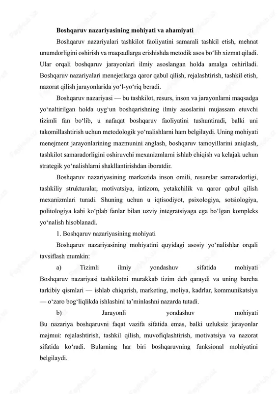 nazariyalari korxonalarning resurslardan oqilona foydalanishi, foydani maksimal darajada oshirishi va ichki barqarorlikni ta’minlashga xizmat qiladi. 2) strategik qarorlar qabul qilishda har bir strategik qaror ilmiy nazariya va tamoyillarga tayangan holda qabul qilinganda, xatoliklar kamayadi va muvaffaqiyat ehtimoli oshadi. 3) inson resurslarini boshqarishda motivatsiya, jamoa ruhi, psixologik iqlim va tashkiliy madaniyatning shakllanishi aynan boshqaruv nazariyalari orqali amalga oshiriladi. shuning uchun zamonaviy menejerlar inson omilini nazariy asoslar bilan boshqaradi. 4) innovatsion rivojlanishni ta’minlashda boshqaruv nazariyasi tashkilotlarni yangilikka ochiqlikka, moslashuvchanlikka, tezkor qaror qabul qilishga undaydi. bu esa global raqobatda ustunlikni ta’minlaydi. 5) jamiyat taraqqiyotida davlat boshqaruvi, ijtimoiy tizimlar, ta’lim va sog‘liqni saqlash kabi sektorlar ham boshqaruv nazariyalariga tayangan holda rivojlanadi. demak, bu nazariya faqat biznes uchun emas, balki butun jamiyat uchun muhimdir. 3. boshqaruv nazariyasi — ilmiy-amaliy ko‘prik boshqaruv nazariyasining eng yirik afzalligi shundaki, u nazariya bilan amaliyot o‘rtasidagi metodologik ko‘prik bo‘lib xizmat qiladi. har bir nazariy tamoyil real hayotdagi boshqaruv tajribasi bilan …