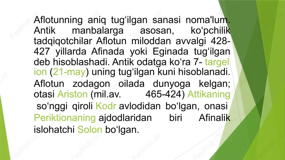 lat" (adolat haqida), "teetet" (bilim haqida), "timey" (kosmologiya), "qonunlar", "siyosatdon", "fileb" va boshqa platonning asarlari asrlar davomida gʻarbda, sharqda maʼlum va mashhur boʻlgan, koʻp tillarga tarjima qilingan, ularga sharxdar yozilgan platonning “davlat” asari “davlat” asariga ibn rushd, “qonunlar”ga forobiy sharhi eʼtiborga loyiq. forobiyning sharhi “talxisu navomisi aflotun” (“aflotun qonunlari mohiyati”) deb ataladi. bu asar 1993-yil “fozil odamlar shahri” kitobida nashr etilgan. 2002-yil aflotunning “qonunlar” asari toshkentda uzbek tilida nashr etildi. yozuvchi omon muxtorning “aflotun” romani chop qilindi image1.jpeg image2.jpeg image3.jpeg /docprops/thumbnail.jpeg