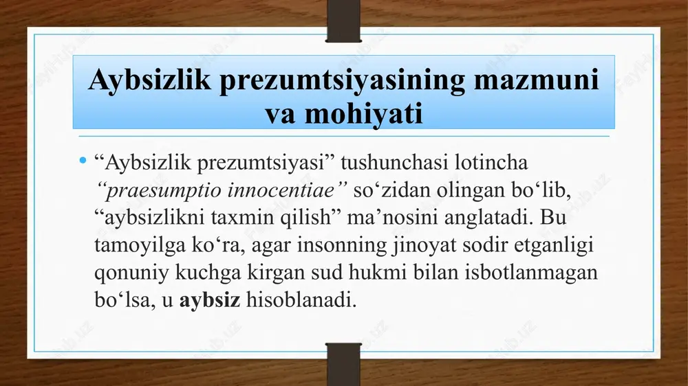 kiston huquq tizimida aybsizlik prezumtsiyasi”. – toshkent, 2020. bmt inson huquqlari qo‘mitasi tavsiyalari to‘plami. – nyu-york, 2021. abdullayev r. “sud-huquq islohotlari va inson huquqlari himoyasi”. – toshkent, 2023. www.lex.uz image5.png image6.png image7.png image8.png image9.png image3.png image4.png /docprops/thumbnail.jpeg