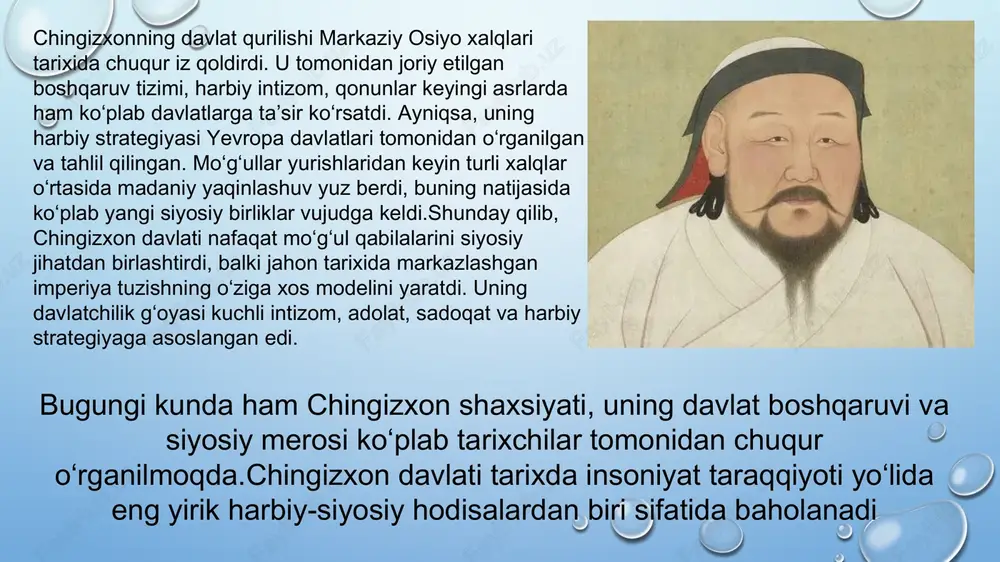 ada samarali bo‘lishini ta’minladi. chingizxon davrida davlat iqtisodiyotining asosi chorvachilik edi. mo‘g‘ullar ot, tuya, qo‘y va sigir yetishtirish bilan shug‘ullanganlar. biroq imperiya kengaygan sari, turli xalqlarning iqtisodiy madaniyatlari o‘zaro aralashdi. xitoy, markaziy osiyo, eron va sharqiy yevropa yerlarining bosib olinishi natijasida dehqonchilik, hunarmandchilik va savdo rivoj topdi. davlatda soliqlar tizimi qat’iy nazorat ostida edi. har bir viloyatdan olinadigan soliqlar miqdori belgilangan bo‘lib, “yasoq” asosida undirilgan. chingizxon shuningdek, “yam tizimi” — pochta va aloqa yo‘llari tizimini tashkil etdi. bu tizim orqali davlat ichidagi boshqaruv, xabar almashinuvi va savdo karvonlarining xavfsizligi ta’minlandi. savdo yo‘llarining xavfsizligi tufayli “buyuk ipak yo‘li” qayta jonlandi. mo‘g‘ul imperiyasi hududida savdogarlar uchun soliq imtiyozlari berildi. bu esa xalqaro savdoning rivojlanishiga olib keldi. ayniqsa, xitoy ipaklari, hindiston ziravorlari va markaziy osiyo ipaklari yevropaga keng miqyosda olib chiqilgan. .temuchin 1162-yilda onon daryosi bo‘yida, borjigin urug‘iga mansub oilada tug‘ilgan. u yoshlik chog‘idayoq turli sinovlardan o‘tgan, otasi yesugay bahodirning vafotidan so‘ng oilasi …