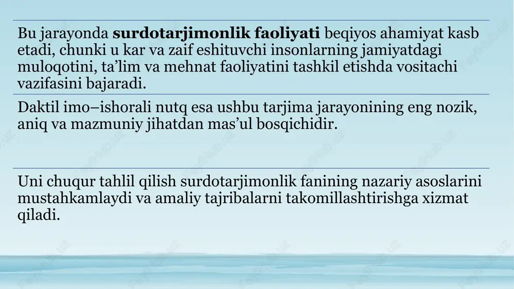 i o‘rgatish va uni zamonaviy texnologiyalar bilan uyg‘unlashtirish orqali jamiyatda axborot tengligini ta’minlash mumkin. shuning uchun bu yo‘nalishda ilmiy tadqiqotlar, amaliy mashg‘ulotlar va davlat miqyosidagi dasturlar yanada kengaytirilishi zarur. foydalanilgan adabiyotlar o‘zbekiston respublikasi ta’lim vazirligi. “surdotarjimonlik asoslari” o‘quv qo‘llanmasi. – toshkent, 2022. saidova n. “imo–ishora tili va uning lingvistik tahlili”. – toshkent, 2021. karimova m. “eshitishida nuqsoni bo‘lgan bolalar bilan muloqot metodikasi”. – toshkent, 2020. unesco report on sign language interpretation, paris, 2020. mahmudov i. “o‘zbek imo–ishora tili tizimi”. – toshkent, 2019. sobirova g. “surdotarjimonlik faoliyatining ijtimoiy ahamiyati”. – jurnal “ta’lim va jamiyat”, 2021. image1.png image2.png image3.png image4.png image5.png image6.png
