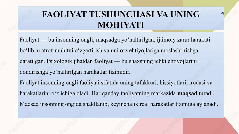 ar bir shaxs, ayniqsa o‘quvchi va talaba, o‘z faoliyatini ongli ravishda tashkil etsa, malaka egallash jarayoni tez va samarali kechadi. foydalanilgan adabiyotlar leontev a.n. “faoliyat, ong va shaxs”. – moskva, 1977. vygotskiy l.s. “inson psixologiyasi asoslari”. – toshkent, 2015. rubinshteyn s.l. “psixologiya asoslari”. – moskva, 1989. to‘raqulova sh. “pedagogik mahorat asoslari”. – toshkent, 2018. zunnunov a., hasanboeva o. “pedagogika”. – toshkent: o‘qituvchi, 2019. karimova v. “psixologiya”. – toshkent: fan, 2016. jo‘rayev a. “shaxs rivojlanishida faoliyatning o‘rni”. – toshkent, 2020. image13.png image14.png image15.png image16.png image17.png image1.png image2.svg image3.png image4.svg image18.png image19.png image5.png image6.svg image20.png image11.png image12.svg .msftofcthm_accent1_fill_v2 { fill:#f5cdce; } .msftofcthm_accent3_fill_v2 { fill:#aac3e8; } .msftofcthm_background1_stroke_v2 { stroke:#fdfaf6; } /docprops/thumbnail.jpeg