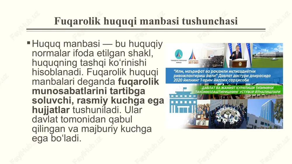 nda, fuqarolik huquqi manbalari — bu fuqarolik-huquqiy munosabatlarni tartibga soluvchi, huquqiy kuchga ega bo‘lgan hujjatlar tizimidir. ular jamiyatda mulkiy barqarorlikni ta’minlaydi, shaxs va tashkilotlarning manfaatlarini himoya qiladi hamda davlatning iqtisodiy siyosatini amalga oshirishda muhim vosita sifatida xizmat qiladi. o‘zbekiston respublikasida fuqarolik huquqi manbalari tizimi konstitutsiya, fuqarolik kodeksi, qonunlar, prezident farmonlari, hukumat qarorlari, xalqaro shartnomalar va sud amaliyotidan iborat bo‘lib, ularning uyg‘unligi mamlakatda huquqiy davlat tamoyillarini mustahkamlaydi. foydalanilgan adabiyotlar o‘zbekiston respublikasining fuqarolik kodeksi. – toshkent, 1996. “mulkchilik to‘g‘risida”gi qonun. – toshkent, 2012. karimov i.a. huquqiy davlat – jamiyat taraqqiyotining poydevori. – toshkent, 2010. o‘zbekiston respublikasi prezidentining “tadbirkorlik faoliyatini qo‘llab-quvvatlash to‘g‘risida”gi farmoni, 2021-yil. rahmonov s. fuqarolik huquqi asoslari. – toshkent: tdyui nashriyoti, 2020. yo‘ldoshev x. huquq nazariyasi. – toshkent, 2019. “adolat” huquqiy axborot nashri, 2023-yil. oliy sud plenumi qarorlari to‘plami, 2022-yil. www.lex.uz image1.png image2.png image3.png image4.png image5.jpeg image6.png image7.png image8.png image9.png image10.png image11.png image12.png /docprops/thumbnail.jpeg