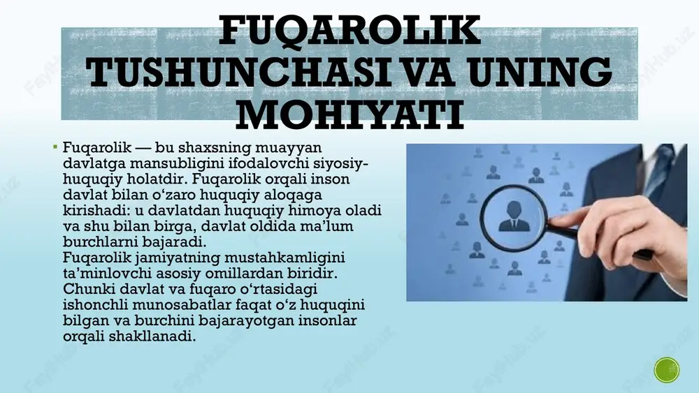 ayishi, ijtimoiy e'tibordan chetda qolishi mumkin. 3 fuqarolik huquqlaridan mahrum qilinish konstitutsiyaviy burchlarni uzluksiz ravishda bajarmaydigan fuqarolar muayyan huquq va erkinliklardan mahrum qilinishi mumkin. 12 o`zbekiston fuqarolarining konstitutsiyada belgilangan burchlariga: konstitutsiya va qonunlarga rioya etish; boshqa kishilarning huquqlari, erkinliklari, sha'ni va qadr-qimmatini hurmat qilish; o`zbekiston xalqining tarixiy, ma'naviy va madaniy merosini avaylab asrash; madaniy yodgorliklarni muxofaza qilish; atrof tabiiy muhitga extiyotkorona munosabatda bo`lish; qonun bilan belgilangan soliqlar va mahalliy yig`imlarni to`lash; o`zbekiston respublikasini himoya qilish; qonunda belgilangan tartibda harbiy yoki muqobil xizmatni o`tash kabilar kiradi. fuqarolik ongi – bu insonning o‘z huquq va burchlarini anglash darajasidir. yuksak fuqarolik ongi bo‘lgan jamiyatda qonun ustuvorligi, adolat, hamjihatlik va taraqqiyot hukm suradi. fuqarolik ongi quyidagilar orqali rivojlanadi: ta’lim tizimida huquqiy madaniyatni shakllantirish; oilada vatanparvarlik ruhini singdirish; oav orqali fuqarolik mas’uliyatini targ‘ib etish; yoshlarni ijtimoiy hayotga faol jalb etish. shunday qilib, fuqarolik ongi kuchli bo‘lgan inson burchini chin dildan bajaradi, jamiyat farovonligiga o‘z hissasini …