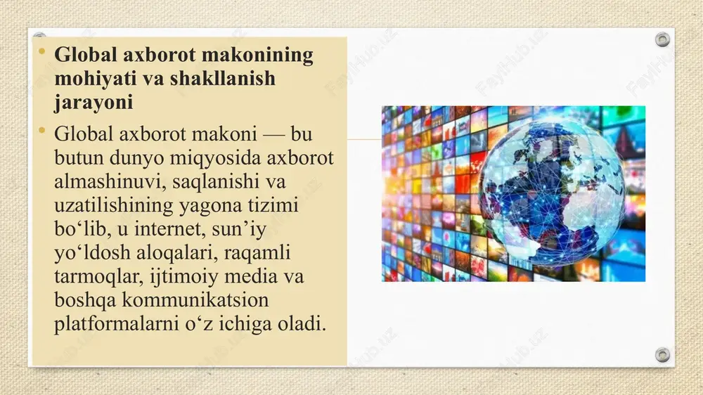 aniy o‘zlik va g‘oyaviy mustahkamlikni saqlash demakdir. shu bois, har bir fuqaro, ayniqsa yoshlar, axborotdan ongli, mas’uliyatli va tanqidiy foydalanishni o‘rganishi lozim. faqat shundagina biz global axborot makonida o‘z manfaatlarimizni himoya qilgan holda, raqamli taraqqiyot sari dadil qadam qo‘yishimiz mumkin. foydalanilgan adabiyotlar o‘zbekiston respublikasi konstitutsiyasi. “axborot erkinligi to‘g‘risida”gi qonun. – toshkent, 2021. sh. mirziyoyev. “yangi o‘zbekiston strategiyasi”. – toshkent, 2022. karimov i.a. “yuksak ma’naviyat – yengilmas kuch”. – toshkent, 2008. “axborotlashtirish to‘g‘risida”gi qonun. – 2019-yil. o‘zbekiston respublikasi prezidentining “kiberxavfsizlikni ta’minlash tizimini yanada takomillashtirish to‘g‘risida”gi farmoni. – 2020-yil. to‘xtayev a. “axborot xavfsizligi asoslari”. – toshkent: oliy ta’lim nashriyoti, 2017. image5.jpeg image6.jpeg image7.jpeg image8.jpeg image9.jpeg image10.jpeg image11.jpeg image3.png /docprops/thumbnail.jpeg