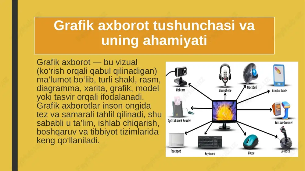 lar, tasvirlar ko’zimizda nuqtali xarakterda aks etadi. grafik axborotlarni kiritish vositalarining mohiyati grafik axborotlarni kiritish vositalari — bu foydalanuvchi tomonidan chizilgan, yozilgan yoki tasvirlangan ma’lumotni kompyuter xotirasiga raqamli shaklda o‘tkazuvchi maxsus qurilmalardir. ular yordamida foydalanuvchi oddiy rasm yoki real tasvirni elektron ko‘rinishga aylantira oladi. bu vositalar inson harakati, chizish yoki optik signallarni raqamli kodga aylantiradi va kompyuter tizimi ularni grafik ma’lumot sifatida qabul qiladi. grafik axborotlarni kiritishning asosiy turlari grafik axborotlarni kompyuterga kiritishning bir necha asosiy yo‘nalishlari mavjud: optik usul – tayyor rasm yoki hujjatni optik skanerlash orqali raqamli formatga o‘tkazish (scanner yordamida). qo‘lda kiritish usuli – foydalanuvchi maxsus planshet yoki stylus (raqamli qalam) yordamida grafik ma’lumotni chizadi. foto va video kiritish – raqamli fotoapparat yoki kamera orqali olingan tasvirni kompyuterga kiritish. sensorli ekran orqali kiritish – foydalanuvchi barmoq yoki stylus orqali to‘g‘ridan-to‘g‘ri ekranga chizadi. 3d skanerlash – real ob’ektning uch o‘lchamli modelini kompyuterga o‘tkazish. har bir usul o‘ziga xos …