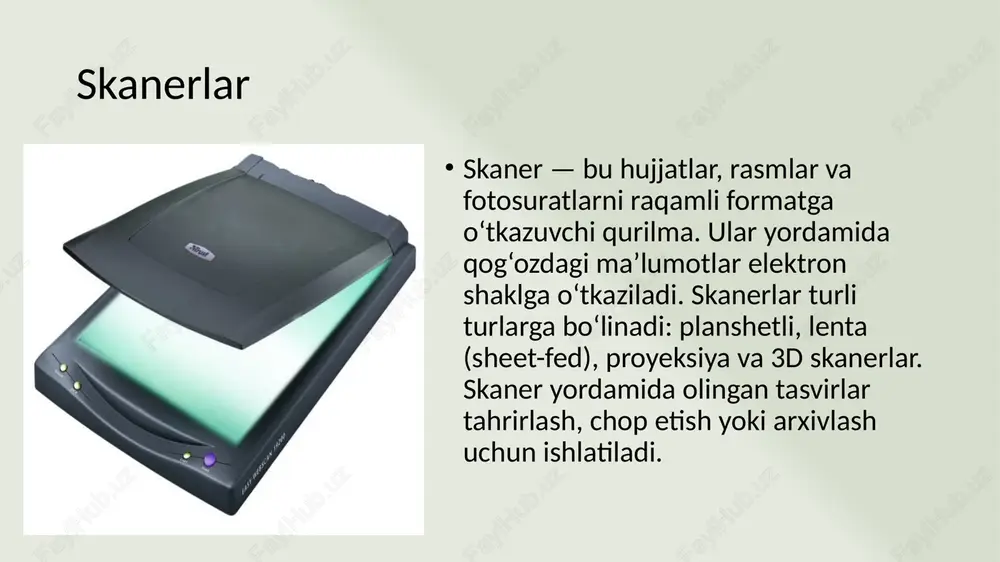 rlash va montaj qilish uchun zarur bo’lgan vositalardan: skanerlangan tasvirlar rangini korreksiyalash, fotosuratlarni «tekislash», maxsus effektlar va maskalardan foydalanish imkonini beradi. grafik kiritish vositalarining qo‘llanilishi grafik kiritish vositalari ta’lim, sanoat, dizayn, muhandislik, tibbiyot va multimedia sohalarida keng ishlatiladi. masalan, arxitektura loyihalarini yaratish, tibbiy 3d modellashtirish, elektron darsliklar tayyorlashda muhim rol o‘ynaydi. ular axborotni tez va sifatli kiritish imkonini beradi. grafik interfeys va foydalanuvchi qulayligi grafik interfeys (gui) — bu foydalanuvchi bilan kompyuter o‘rtasida vizual aloqa o‘rnatuvchi tizimdir. u ikonka, tugma, oynalar orqali boshqaruvni soddalashtiradi. grafik vositalar gui elementlarini yaratish va sinovdan o‘tkazishda muhim o‘rin tutadi. xulosa grafik axborotlarni kiritishning maxsus vositalari zamonaviy texnologiyalarning ajralmas qismiga aylangan. ular inson faoliyatining deyarli barcha sohalarida — ta’limdan tortib sanoatgacha — muhim ahamiyatga ega. to‘g‘ri tanlangan va ishlatilgan vositalar samaradorlikni oshiradi va natijalarni vizual jihatdan boyitadi. foydalanilgan adabiyotlar 1. karimov a. kompyuter grafikasi asoslari. – toshkent: o‘qituvchi, 2020. 2. abdullayev s. axborot texnologiyalari. – …