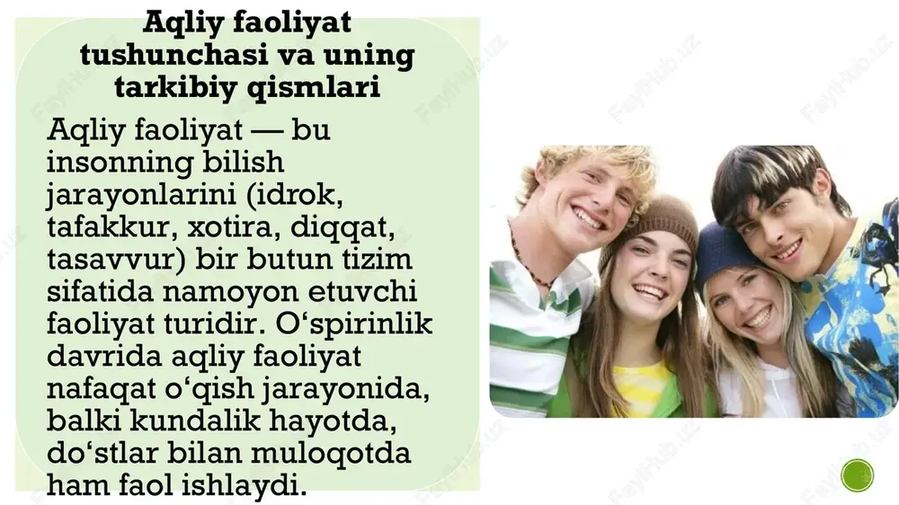eganda, moddiy dunyodagi narsa va xodisalarning asosiy qonunlari, xossalari, sifatlari o`zaro bog`lanishi va munosabatlari o`spirinning fikrlashida to`liq aks ettirish tushuniladi. tafakkurning kengligi esa o`zining mazmundorligi va chuqurligi bilan bog`liq bo`ladi. xulosa ilk o‘spirinlik davri — inson tafakkurining sifat jihatdan yangi bosqichga o‘tish davridir. bu bosqichda aqliy faoliyatning barcha turlari: idrok, xotira, diqqat, tafakkur va tasavvur tez sur’atda rivojlanadi. shuning uchun ta’lim-tarbiya jarayonida o‘spirinlarning aqliy faoliyatini rag‘batlantiruvchi metodlardan foydalanish, mustaqil fikrlashga o‘rgatish va ijodiy yondashuvni qo‘llab-quvvatlash muhimdir. foydalanilgan adabiyotlar karimova v. m. yosh davrlar psixologiyasi. – toshkent: o‘qituvchi, 2019. g‘oziyev e. g. umumiy psixologiya. – toshkent: fan, 2020. jalolova d. psixologiya asoslari. – toshkent: universitet nashriyoti, 2021. vygotskiy l.s. bolalik va o‘spirinlik psixologiyasi. – moskva, 1984. o‘zbekiston respublikasi xalq ta’limi vazirligi: yoshlar psixologiyasi o‘quv qo‘llanmasi, 2022. image5.png image6.jpeg image7.jpeg image8.jpeg image9.jpeg image10.jpeg image11.jpeg image12.jpeg image2.png image3.png /docprops/thumbnail.jpeg
