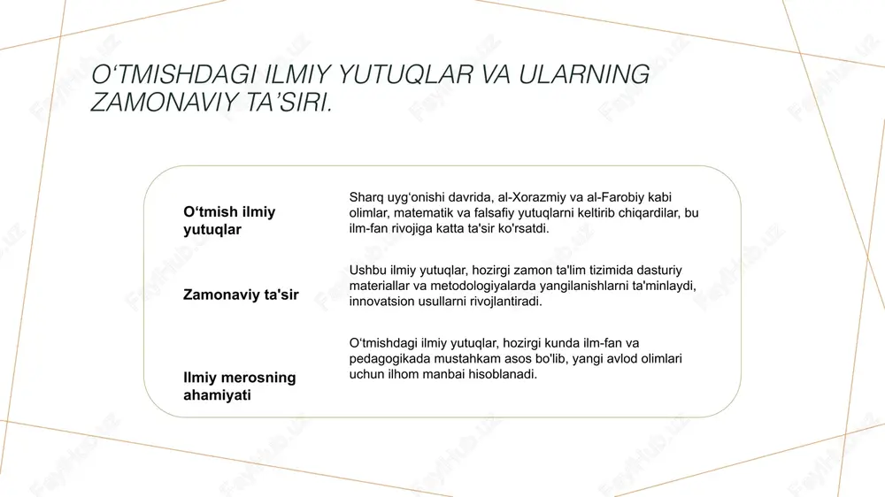 sidagi munosabatlarni yangilab, taʼlim jarayonini samarali qildi. 3 madaniyat va ilm-fan oʻzbekistonda madaniyat va ilm-fan taraqqiyoti, tarixiy kontekstda, global uygʻonish bilan bog'liq bo'lib, zamonaviy hayotda o'z ahamiyatini saqlab qolmoqda. e'tiboringiz uchun rahmat!