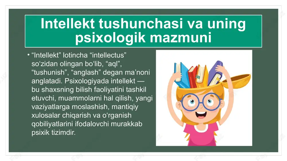 fikrlash, o‘z g‘oyalarini ifoda etish va noodatiy yechim topish ko‘nikmalarini tarbiyalashga e’tibor qaratishlari kerak. mavzu yuzasidan test 1-test savol: charlz spirmen tomonidan ilgari surilgan “g” omil nazariyasiga ko‘ra, intellekt nimani anglatadi? a) insonning ijodiy g‘oyalar yaratish qobiliyatini b) aqliy faoliyatning yagona umumiy omilini c) fazoviy tafakkur va xotira kuchini d) til va nutq faoliyatini rivojlantirishni to‘g‘ri javob: b) aqliy faoliyatning yagona umumiy omilini. 2-test savol: g. gardnerning “ko‘p qirralik intellekt” nazariyasiga ko‘ra, quyidagilardan qaysi biri intellekt turlariga kirmaydi? a) musiqiy intellekt b) jismoniy-kinestetik intellekt c) texnologik intellekt d) shaxslararo (emosional) intellekt to‘g‘ri javob: c) texnologik intellekt. 3-test savol: kreativlikni “divergent tafakkur” bilan bog‘lagan olim kim? a) r. sternberg b) e. torrens c) j. guilford d) h. gardner to‘g‘ri javob: c) j. guilford. foydalanilgan adabiyotlar ro’yxati. g‘ilford j. p. inson intellektining tabiati. – nyu-york, 1967. gardner g. ko‘p qirralik intellekt nazariyasi. – garvard universiteti nashriyoti, 1983. sternberg r. intellektning uch komponentli …